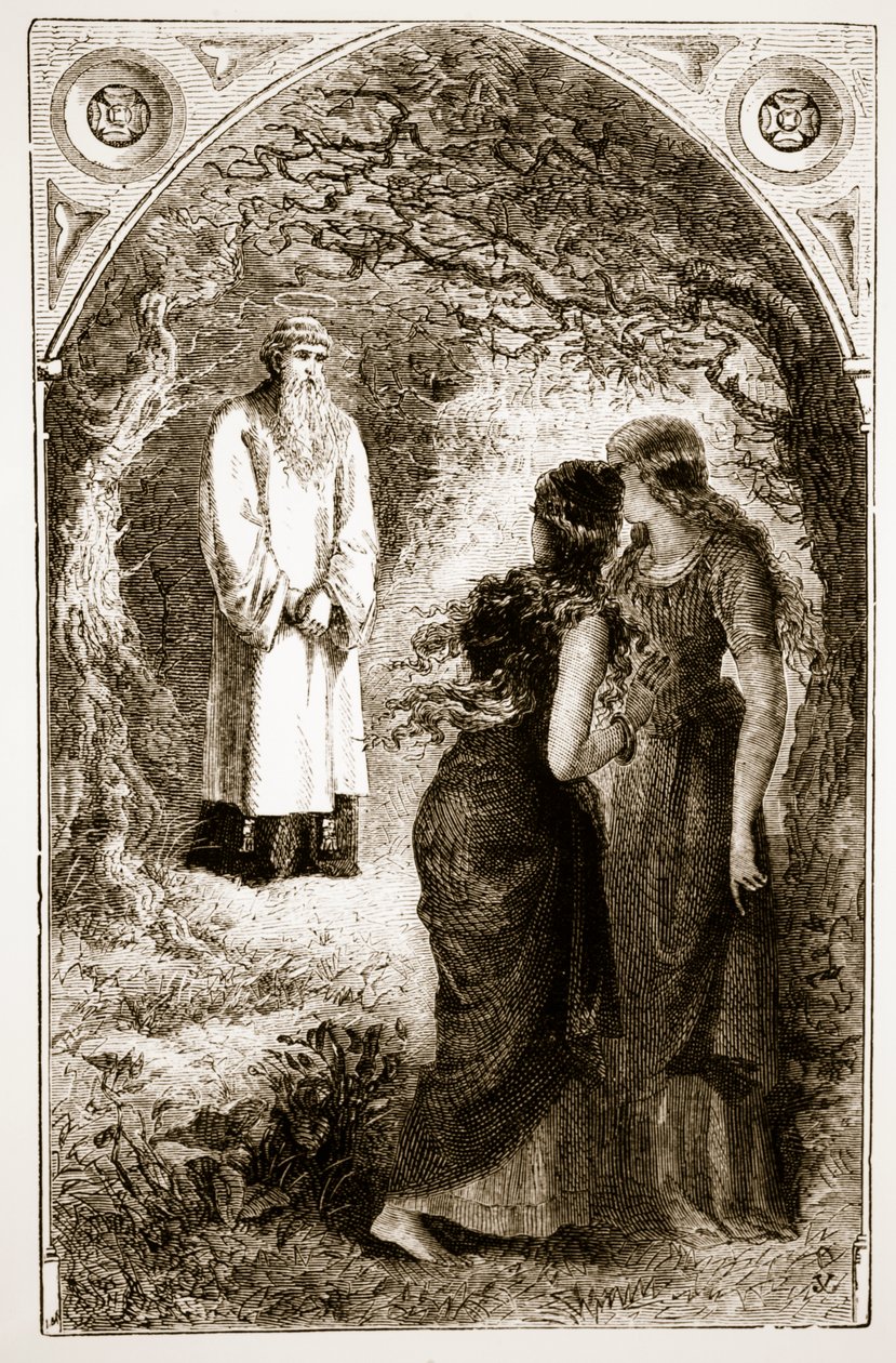 São Patrício encontrou-se com virgens no bosque de Fochlut, de The Trias Thaumaturga, ou "Três Santos da Obra-Maravilha da Irlanda", de Mary Cusack (1829-99), publicada em 1890 de Irish School