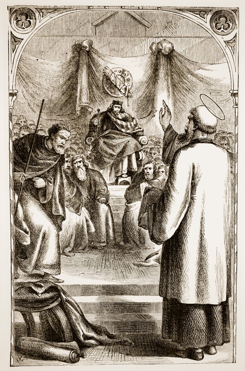 São Patrício pregando em Tara, de The Trias Thuamaturga, ou Três Santos Trabalhadores da Maravilha da Irlanda, de Mary Cusack (1829-99), publicado em 1890 de Irish School
