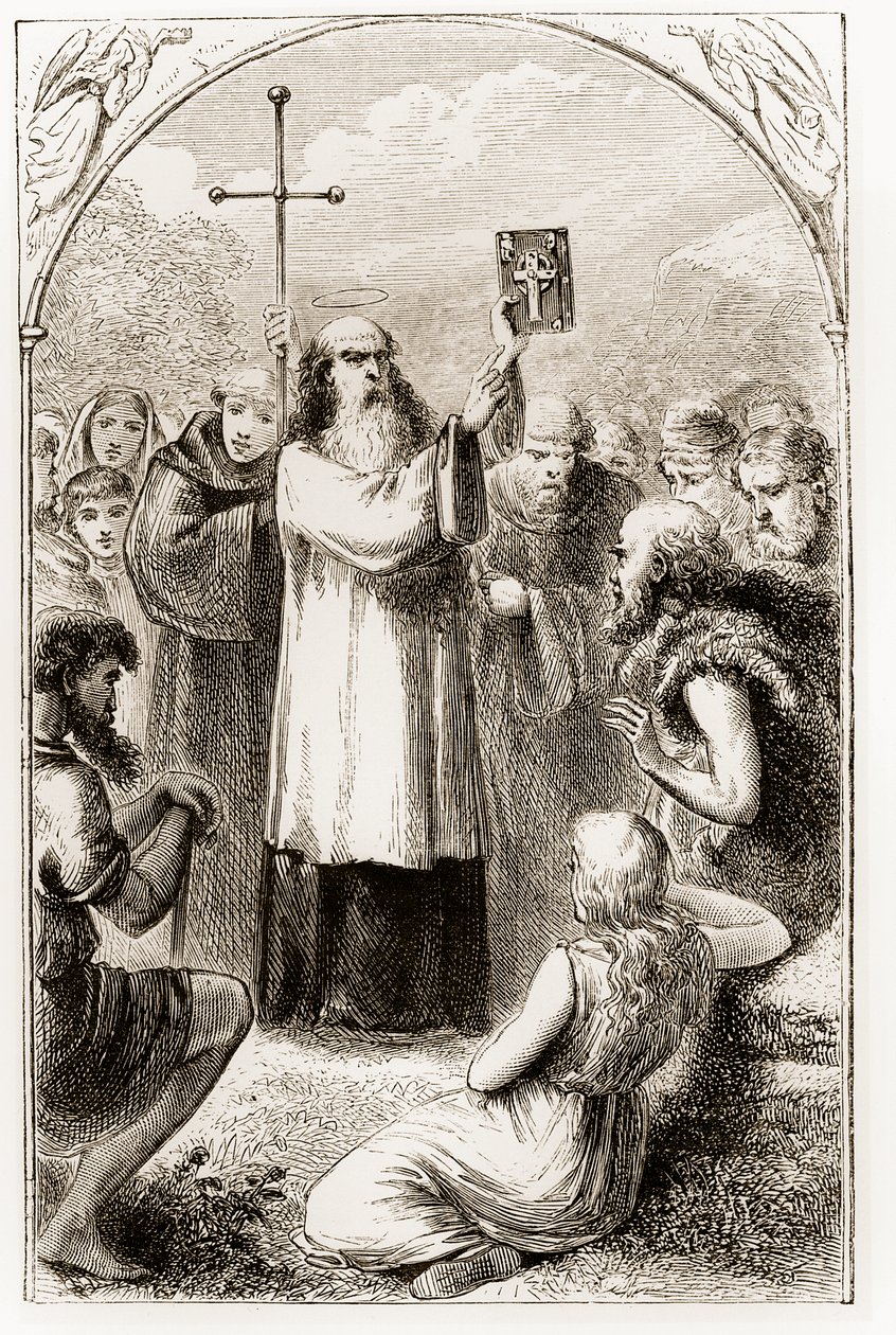 São Patrício mostrando ao povo da Irlanda os quatro evangelhos, de The Trias Thaumaturga, ou três santos trabalhadores da Irlanda, de Mary Cusack (1829-99), publicado em 1890 de Irish School