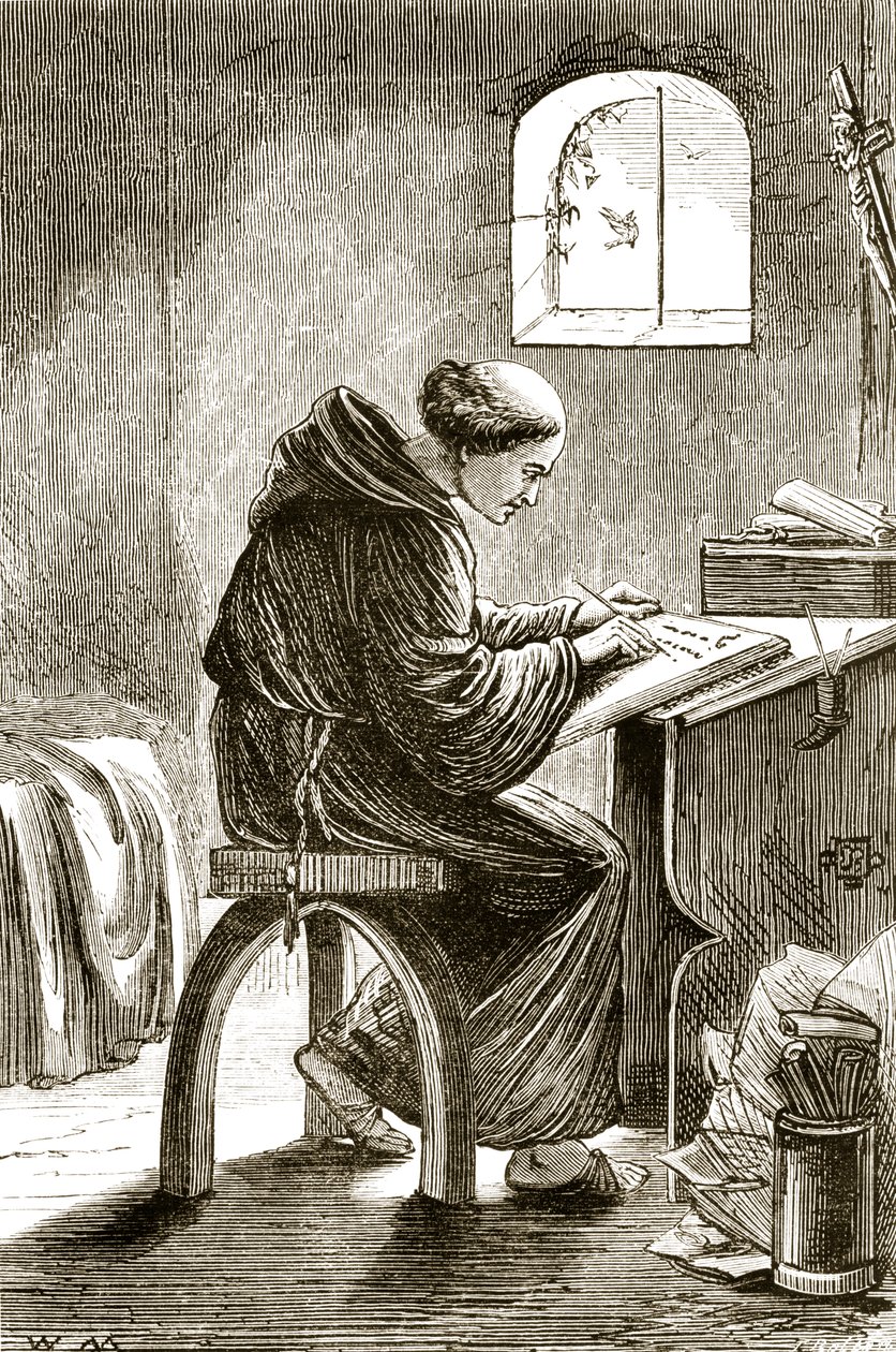 São Vicente, escrevendo em sua cela em Ferins, de The Trias Thaumaturga, ou Three Wonder-Working Saints of Ireland, de Mary Cusack (1829-99), publicado em 1890 de Irish School
