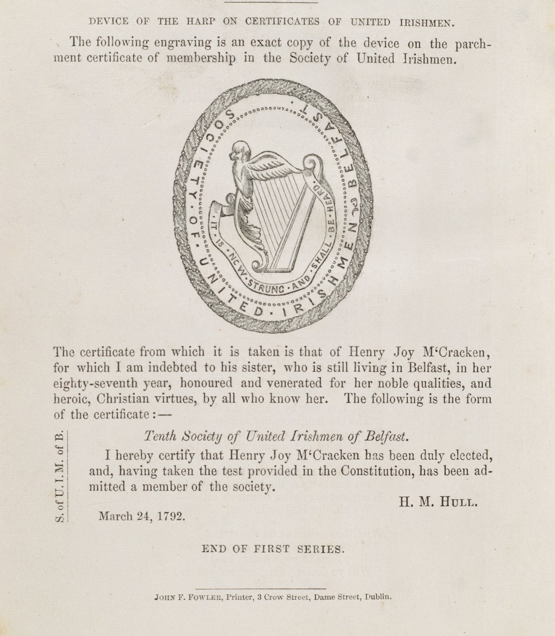 Selo da Sociedade dos Irlandeses Unidos de Belfast, c.1792 (gravura) de Irish School