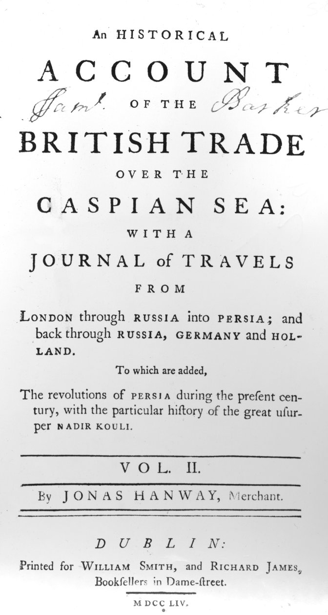 Página de rosto para um relato histórico do comércio britânico sobre o mar Cáspio, com um jornal de viagens de Jonas Hanway, 1754 de Irish School