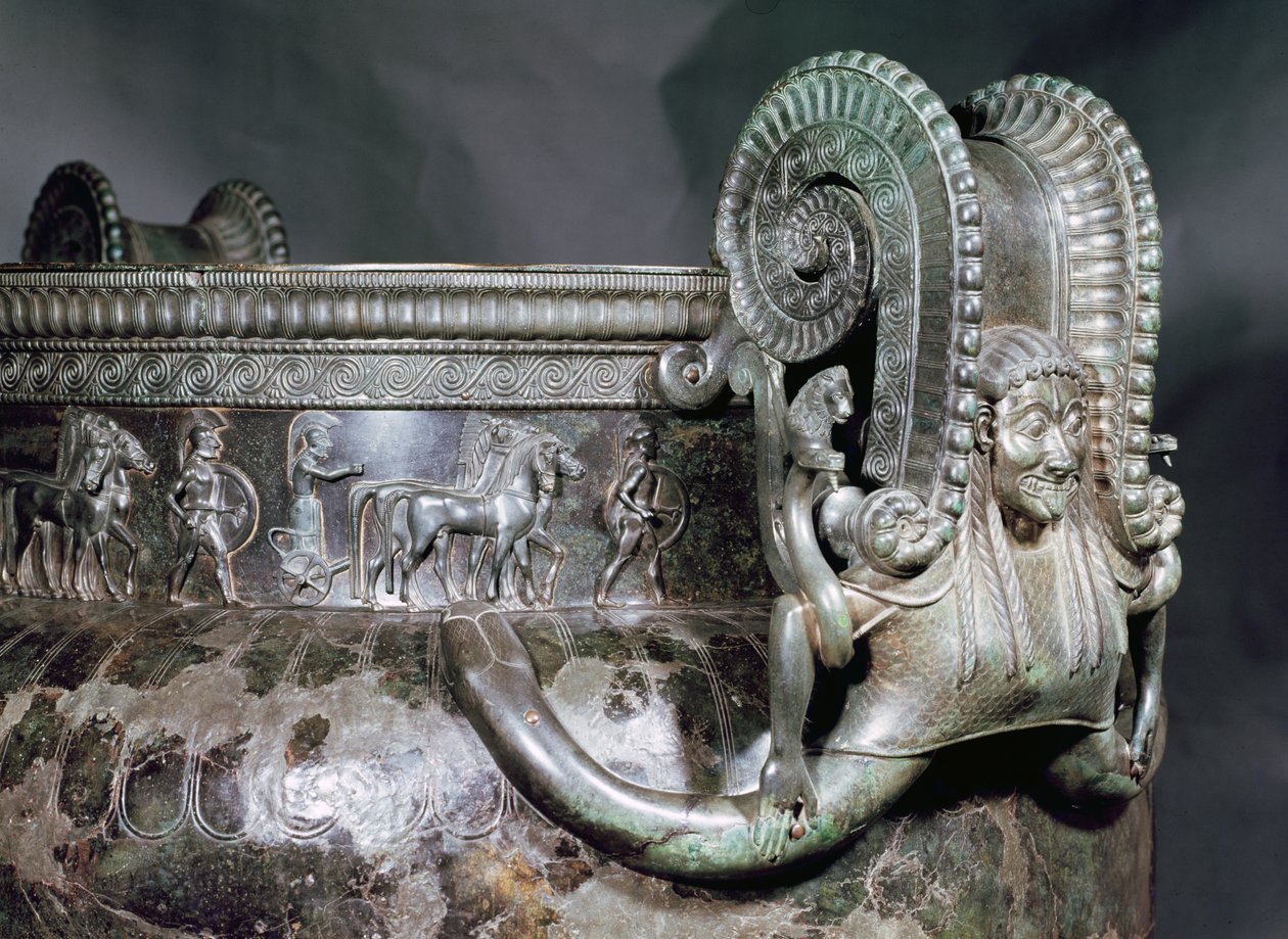 Detalhe do cabo de gorgon de um krater, do túmulo de uma princesa de bronze de Vix de Iron Age