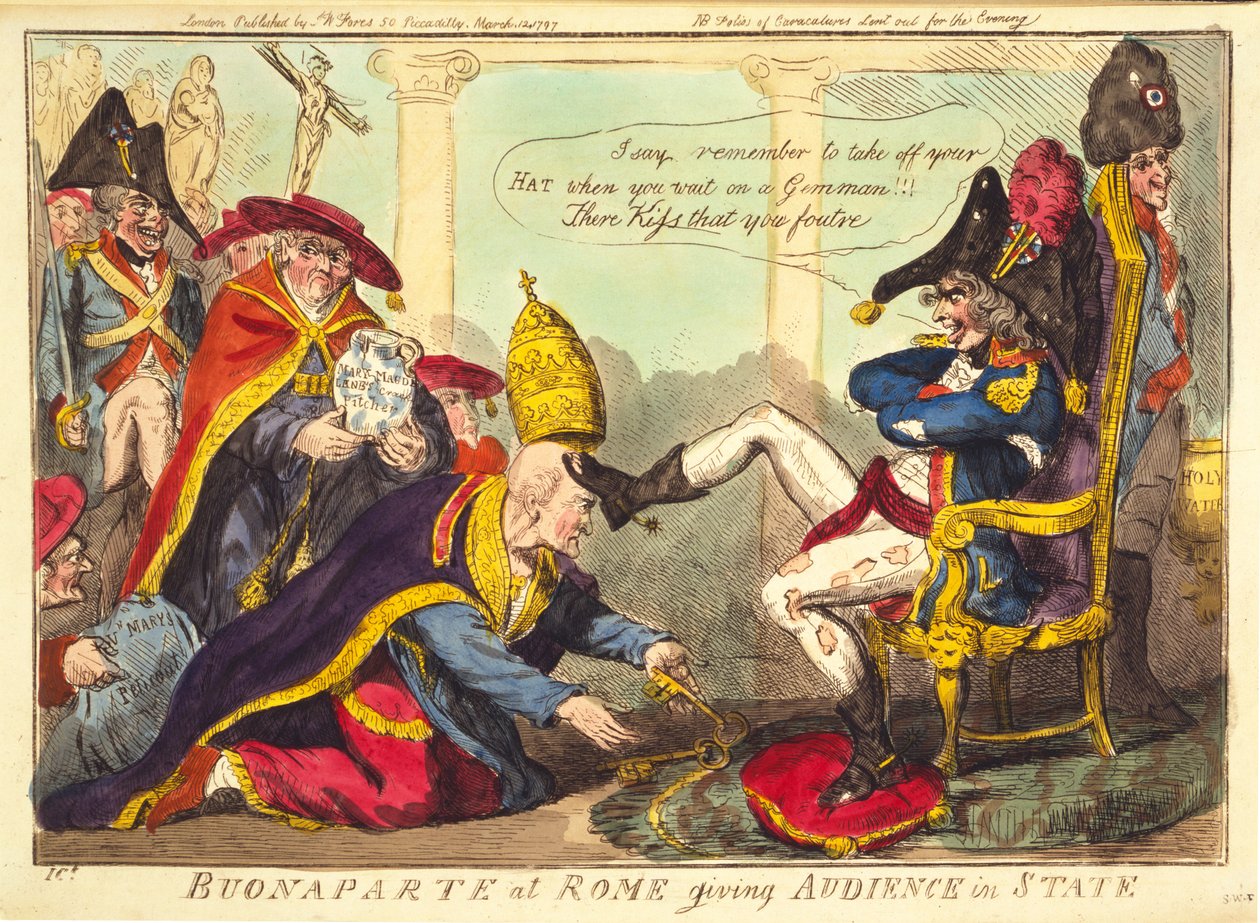 Buonaparte em Roma que dá uma audiência no estado, bar. 1797 (gravura colorida à mão) de Isaac Cruikshank