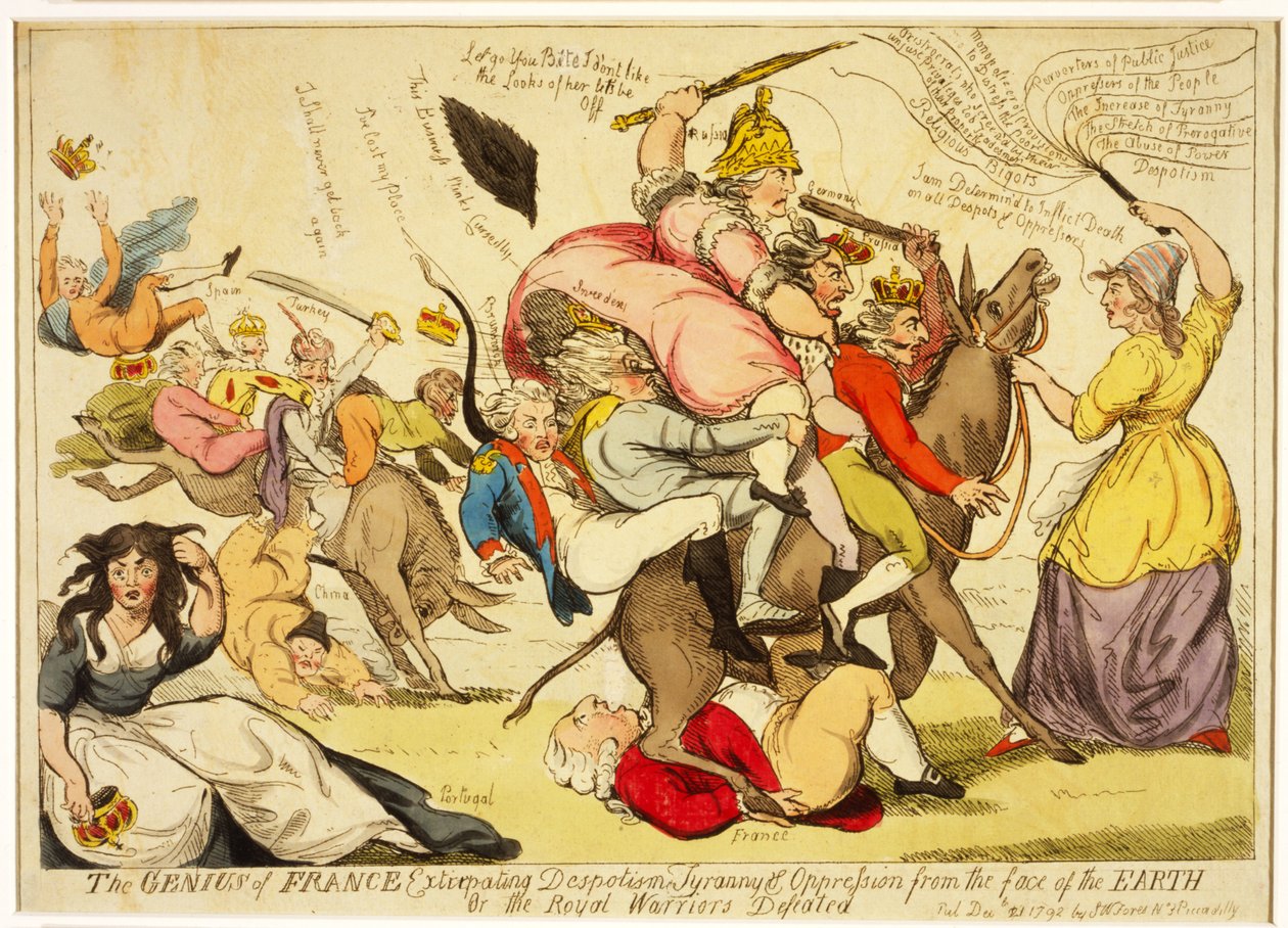 O Gênio da França Extirpando o Despotismo, a Tirania e a Opressão da Face da Terra ou os Guerreiros Reais Derrotados, pub. 1792 (gravura colorida à mão) de Isaac Cruikshank
