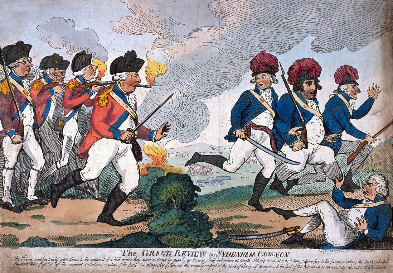 &39;A Grande Revisão sobre Sydenham Common&39; (gravura colorida) de Isaac Cruikshank