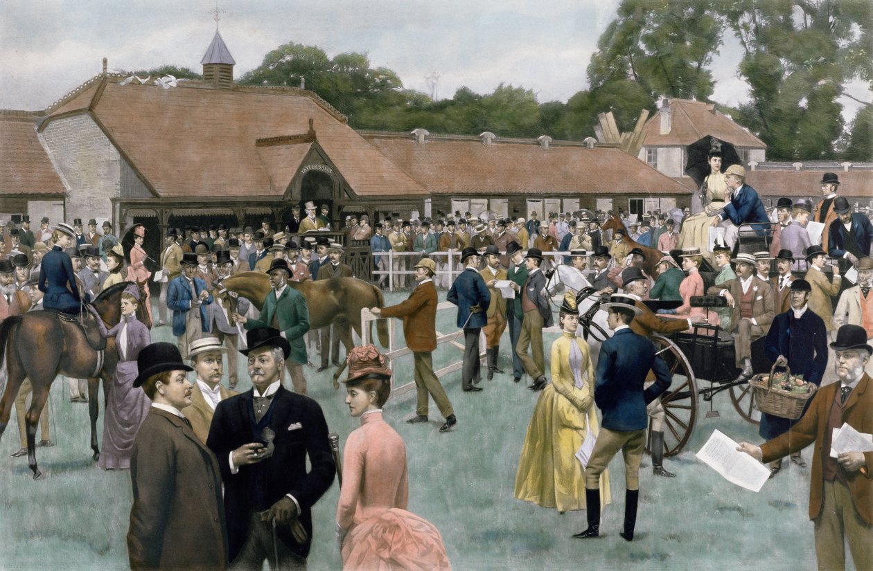 Tattersall&39;s, Newmarket, pub. por IP Mendoza, 1890 (fotogravura, com coloração de mão) de Isaac J. Cullin