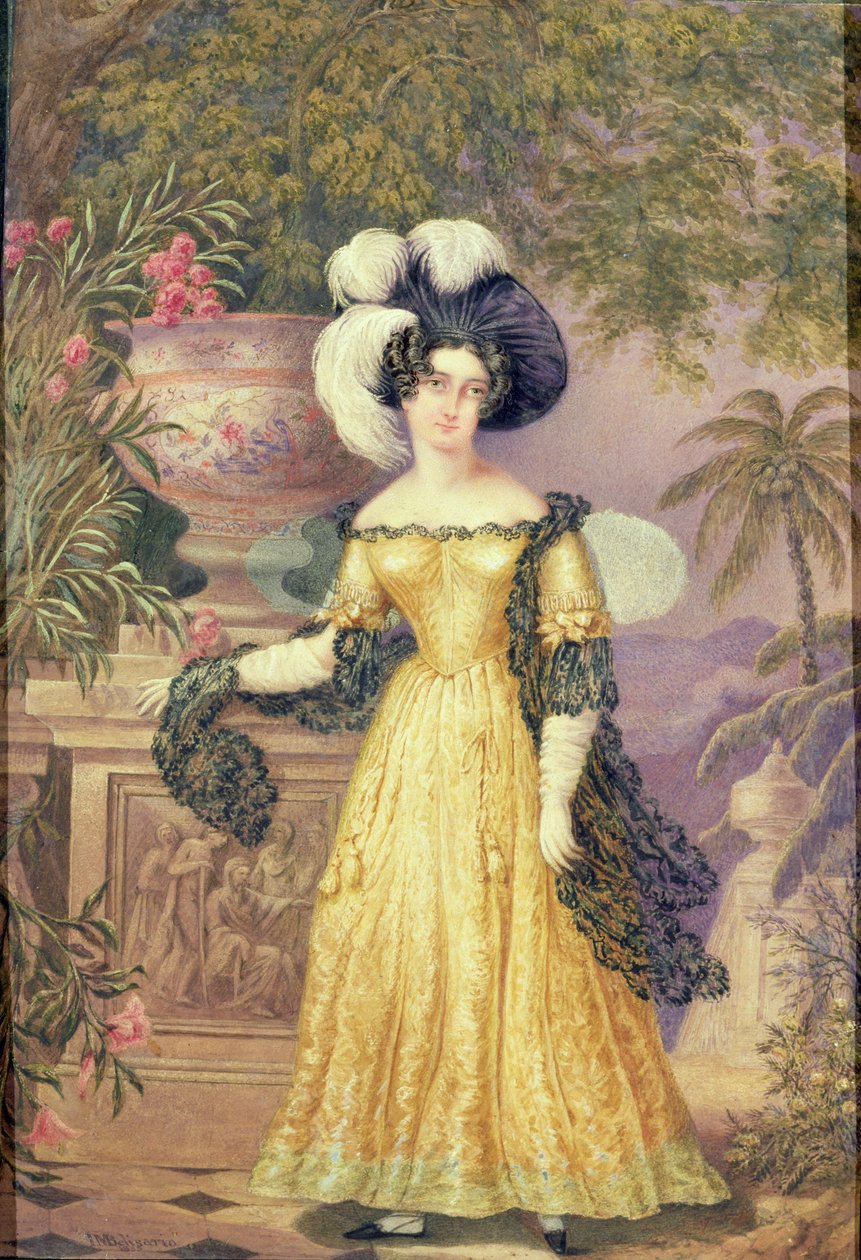 Lady Rowe, de pé em um terraço, com uma paisagem jamaicana ao luar de Isaac Mendes Belisario