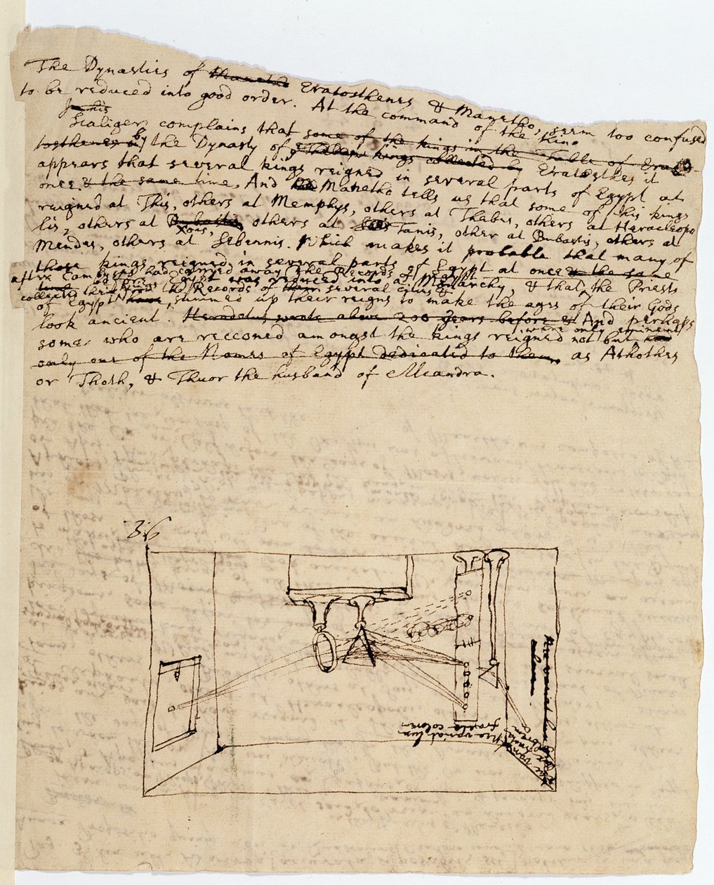 Ms. New Coll 3612 fol.45v Desenho do chamado experimento crucial que mostra a luz do sol sendo refratada através de um prisma e depois sendo refratada por outro prisma (caneta e tinta em pape de Isaac Newton