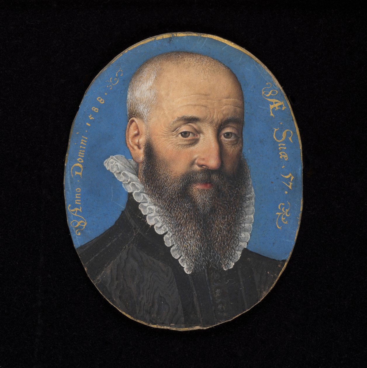 Miniatura de retrato de um homem desconhecido com idade entre 57, 1588 (wc em pergaminho) de Isaac Oliver