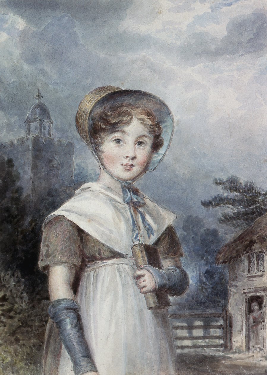 Menina em uma fantasia de Quaker, segurando uma Bíblia de Isaac Pocock