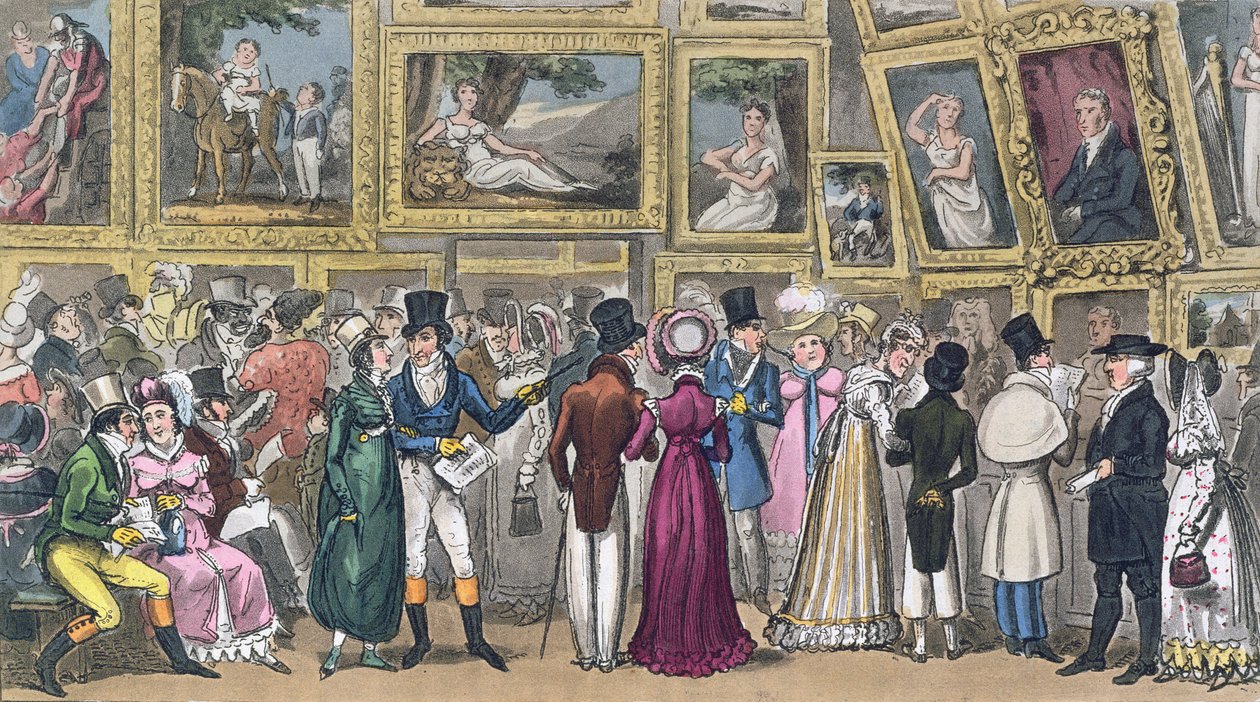 Um xelim bem apresentado: Tom e Jerry na exposição de fotos na Royal Academy, de &39;Life in London&39; de Pierce Egan, 1821 (aquatinta colorido) de Isaac, Robert and George Cruikshank