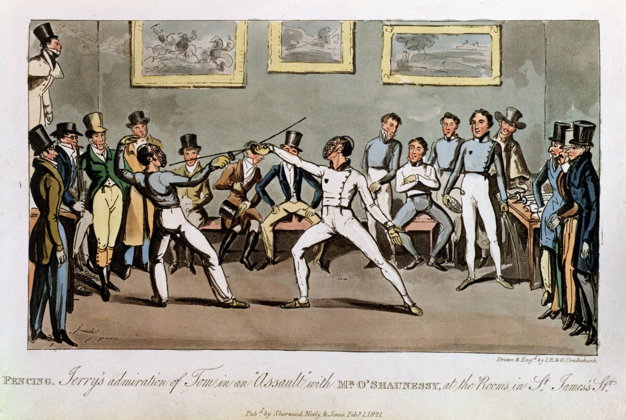 Esgrima: A admiração de Jerry por Tom em um &39;Assalto&39; com o Sr. O&39;Shaunessy, nos quartos da St. James&39;s Street, de &39;Life in London&39; de Pierce Egan, 1821 (colorido aquatint) de Isaac, Robert and George Cruikshank