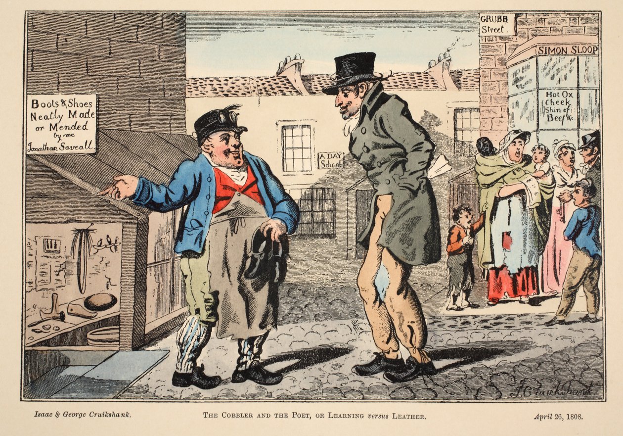 O Sapateiro e o Poeta, ou Aprendizagem vs. Couro, 1808 (gravura colorida à mão) de Isaac, Robert and George Cruikshank