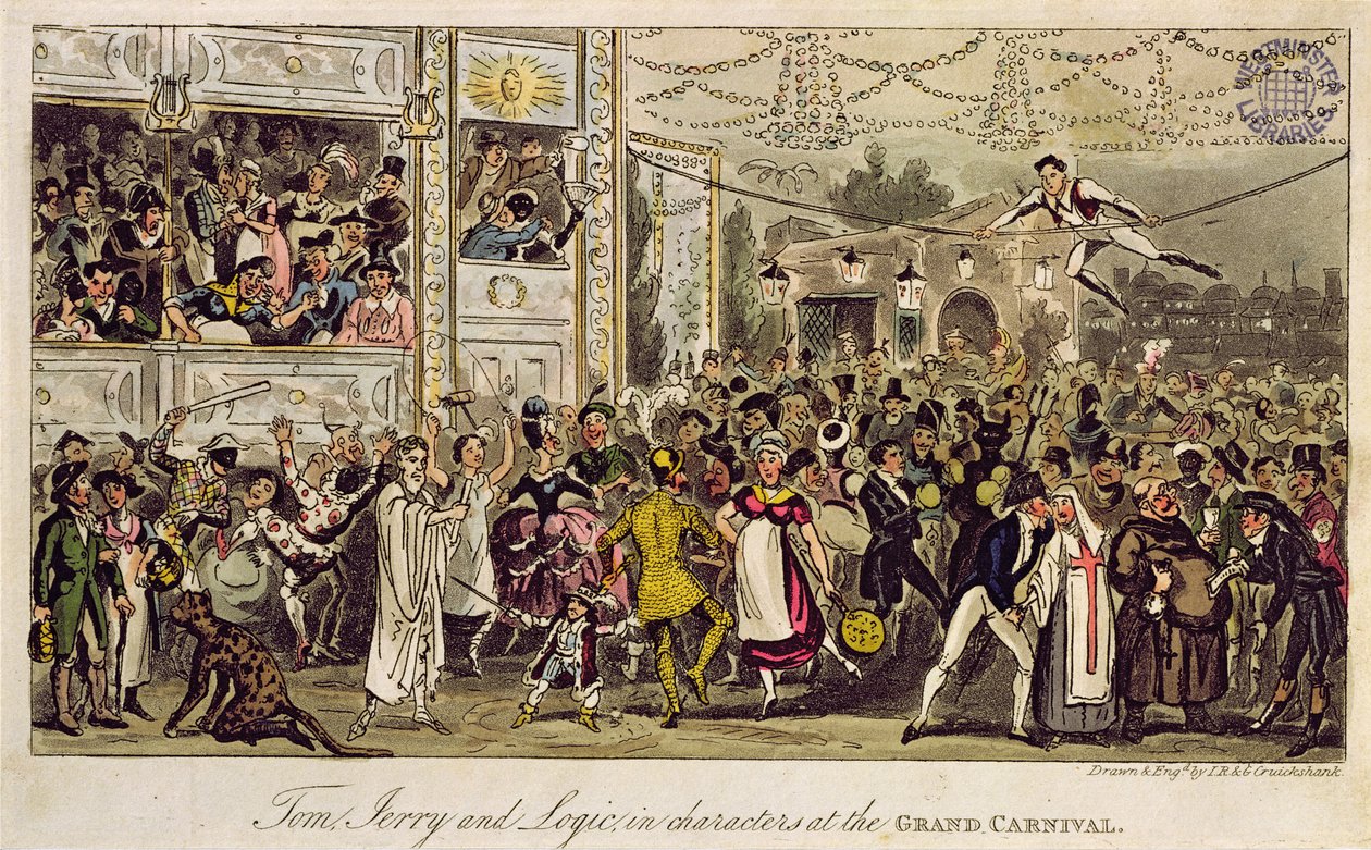 Tom, Jerry e Logic in Characters no Grand Carnival, de &39;Life in London&39; de Pierce Egan, 1821 (aquatinta colorida) de Isaac, Robert and George Cruikshank