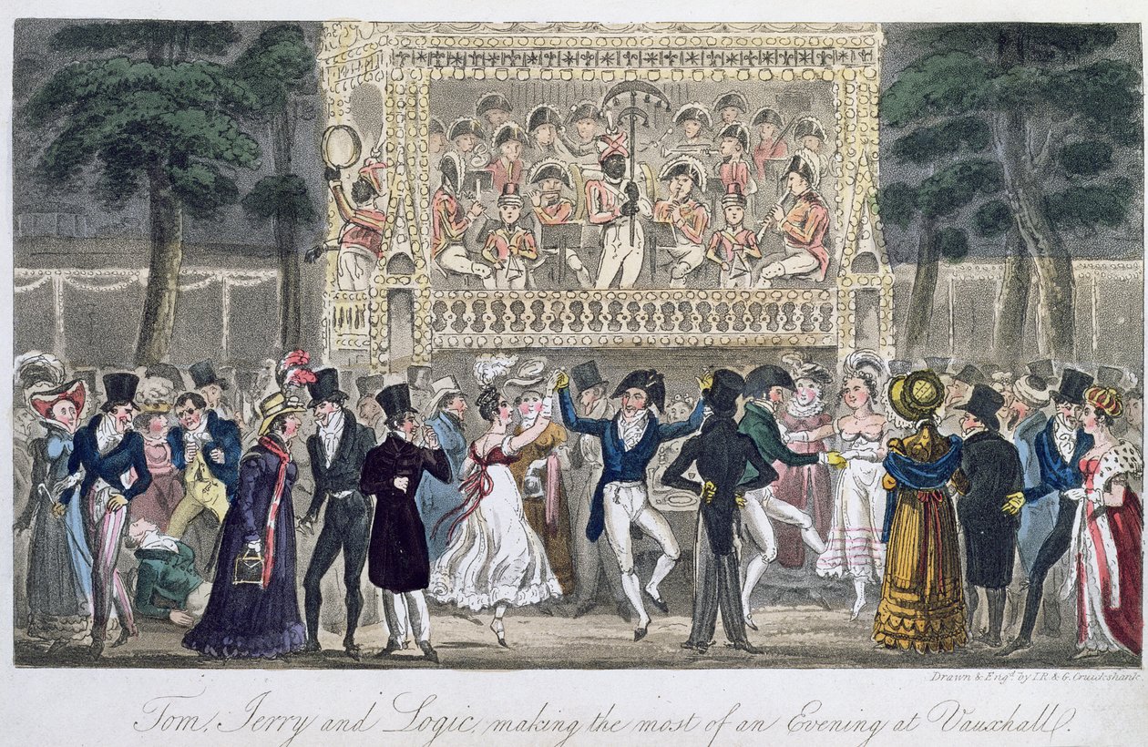 Tom, Jerry e Logic aproveitando ao máximo uma noite em Vauxhall, de "Life in London", de Pierce Egan, 1821 (colorido aquatint) de Isaac, Robert and George Cruikshank