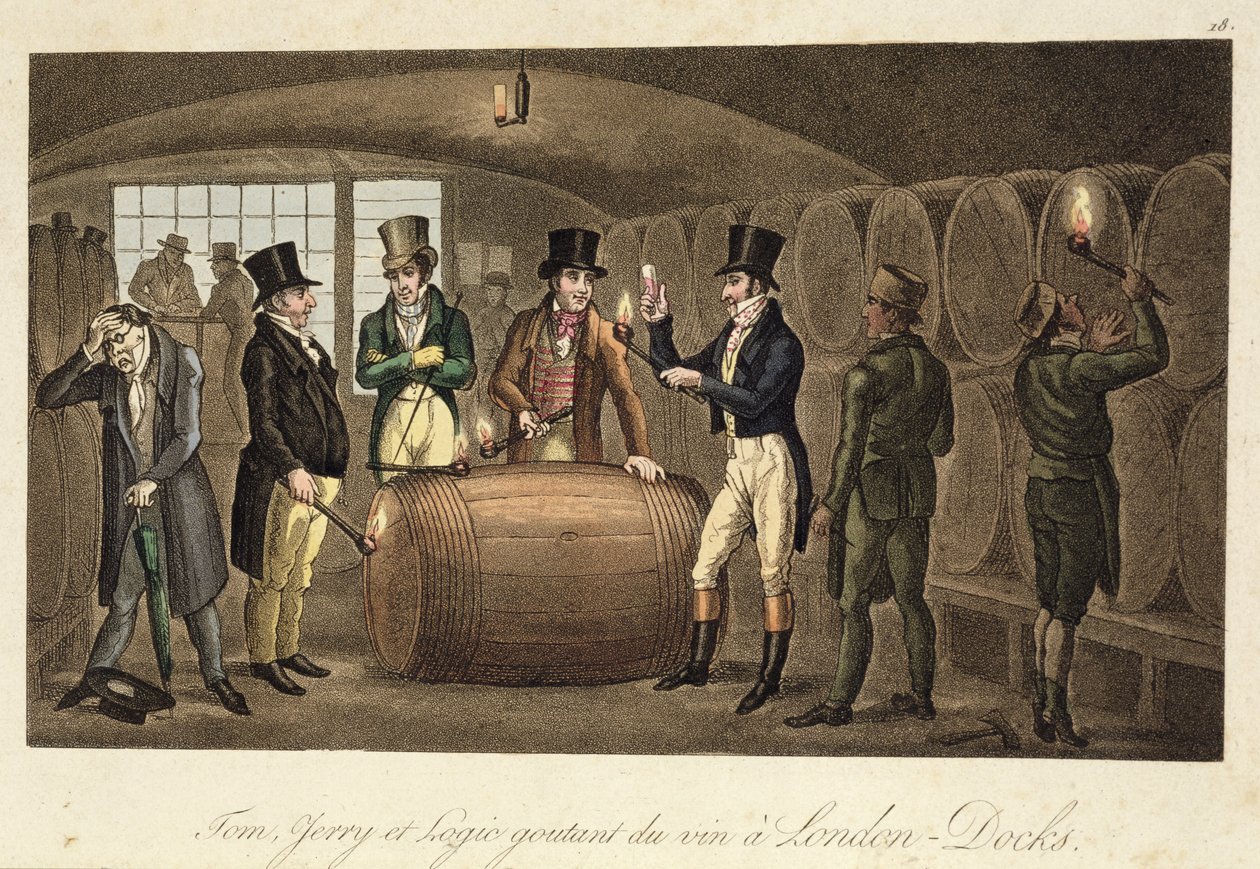 Tom, Jerry e Logic degustam vinho no London Docks, de &39;Life in London&39; de Pierce Egan, 1821-22 (colorido aquatint) de Isaac, Robert and George Cruikshank