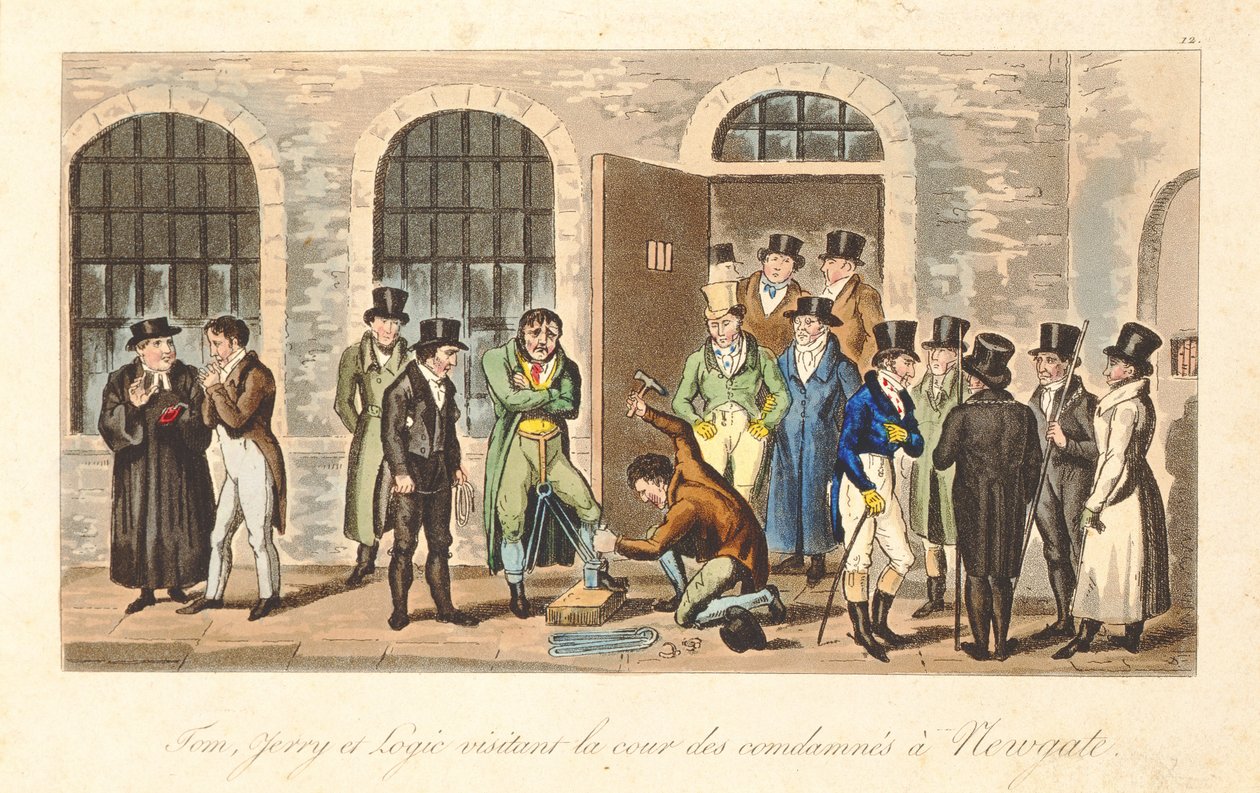 Tom, Jerry e Logic visitando prisioneiros condenados na prisão de Newgate, de &39;Life in London&39; de Pierce Egan, 1821-22 (aquatinta colorida) de Isaac, Robert and George Cruikshank