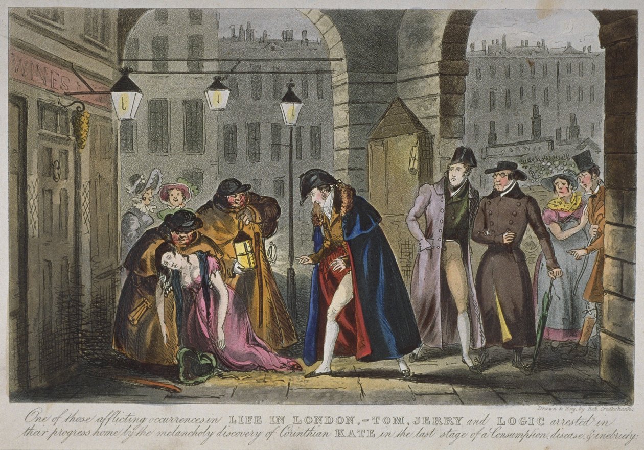 Uma cena sob as praças de Covent Garden, 1830 (aquatinta colorida à mão) de Isaac Robert Cruikshank