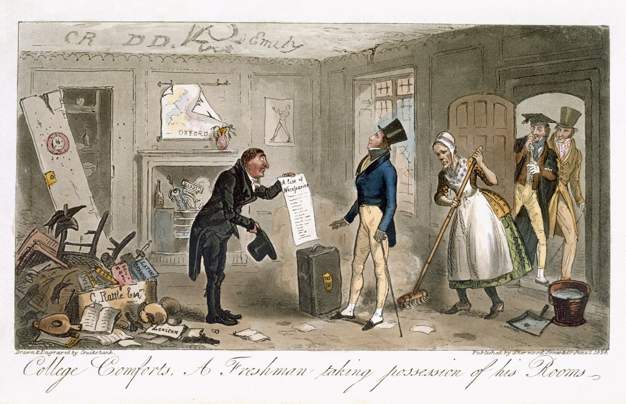 College Comforts, um calouro tomando posse de seus quartos, de "The English Spy", de Charles Molloy Westmacott (1788-1868), publicado em Londres, 1825 de Isaac Robert Cruikshank