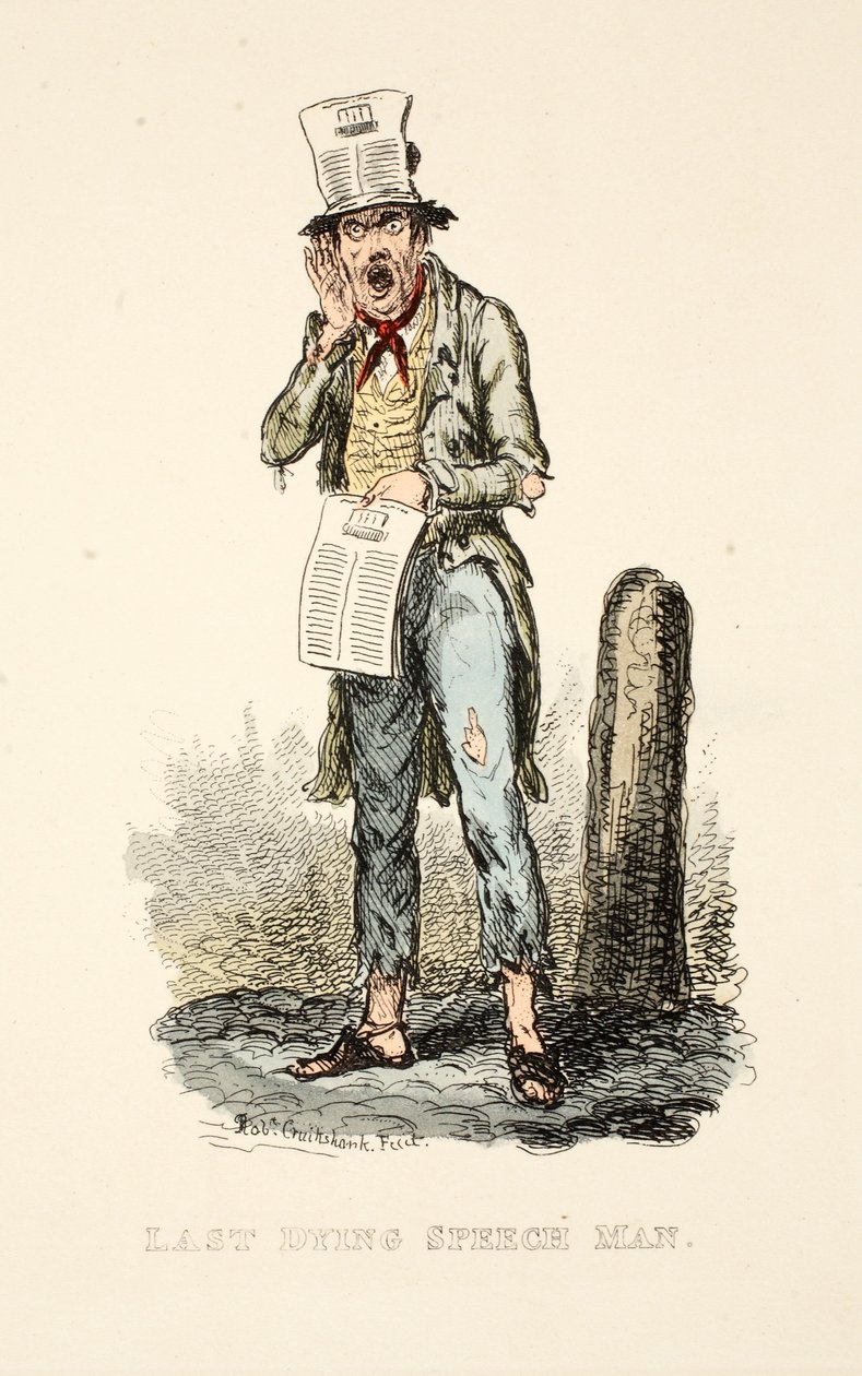 Último homem moribundo do discurso &39;da revista do bolso do cavalheiro&39;, bar. 1827 (gravura colorida à mão) de Isaac Robert Cruikshank