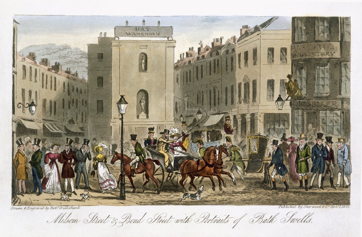 Milsom Street e Bond Street com Retratos de Bath Swells, de &39;The English Spy&39;, de Charles Molloy Westmacott (1788-1868), publicado em Londres, 1825 de Isaac Robert Cruikshank