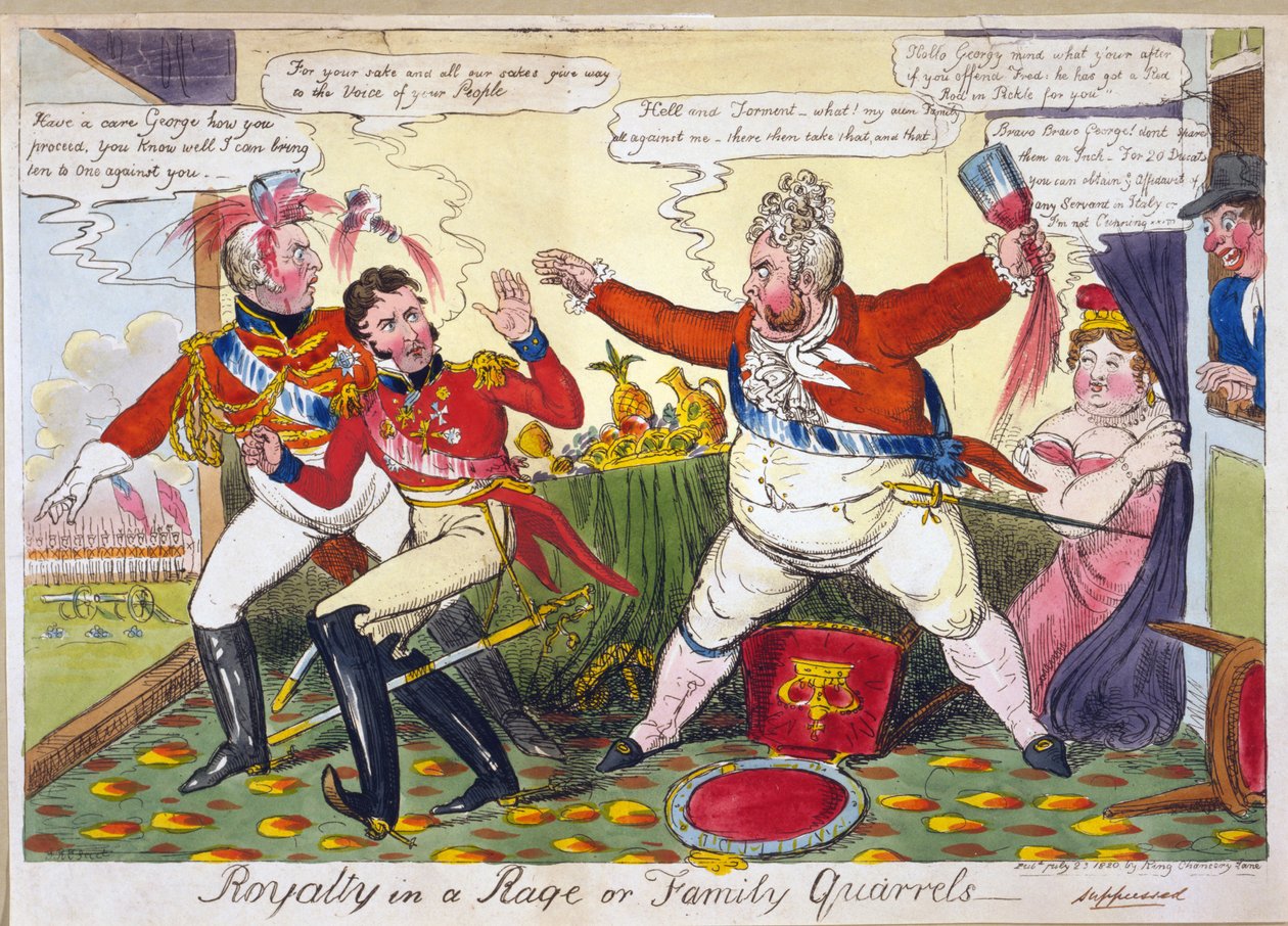 Realeza em uma raiva ou brigas de família, pub. Londres, 23 de julho de 1820 (gravura colorida à mão) de Isaac Robert Cruikshank