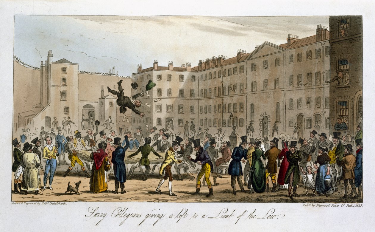 Surry Collegians dando uma carona para um Membro da Lei, de &39;The English Spy&39;, de Charles Molloy Westmacott (1788-1868) publicou Londres, 1825 de Isaac Robert Cruikshank