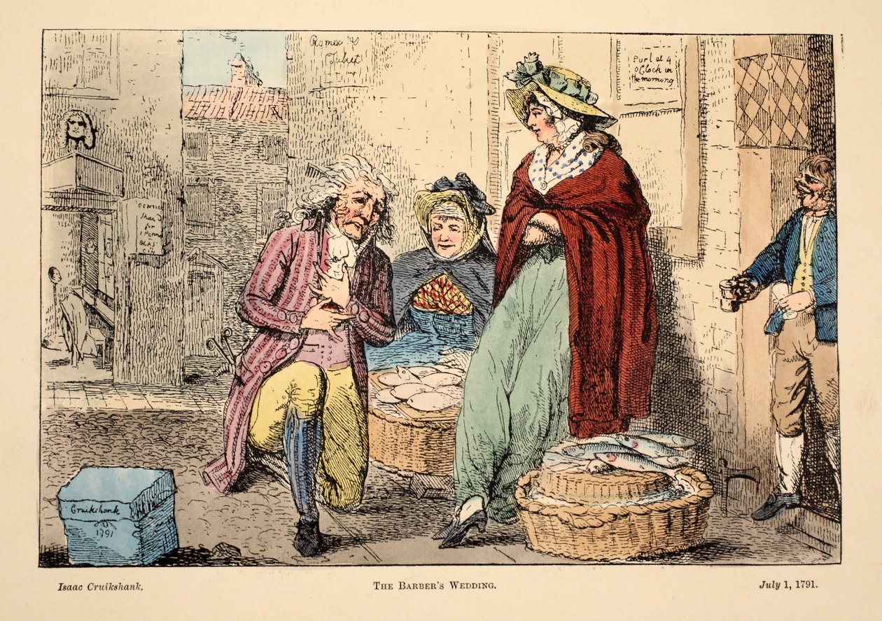 Os barbeiros casamento, pub. 1791 (gravura colorida à mão) de Isaac Robert Cruikshank