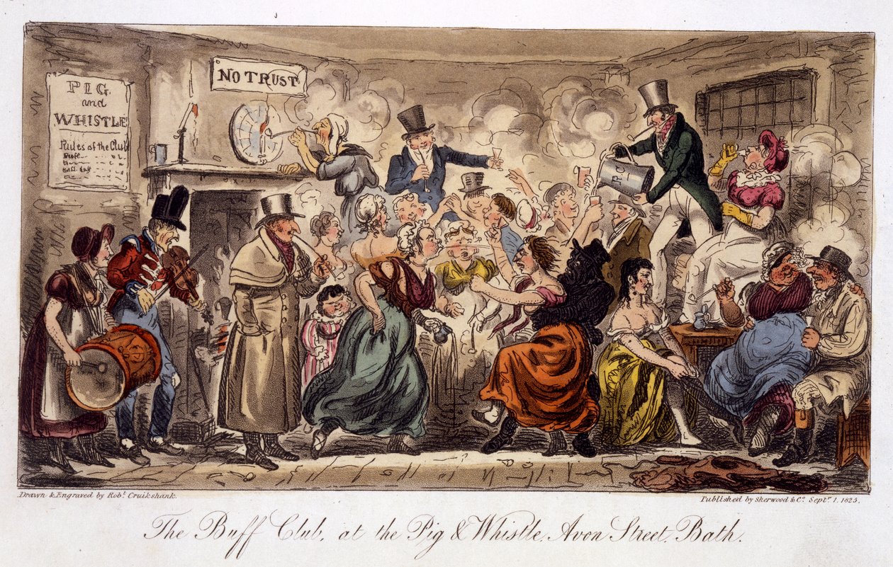 O Buff Club no Pig and Whistle, Avon Street, Bath, do The English Spy, pub. Londres, 1825 (aquatinta colorida à mão) de Isaac Robert Cruikshank