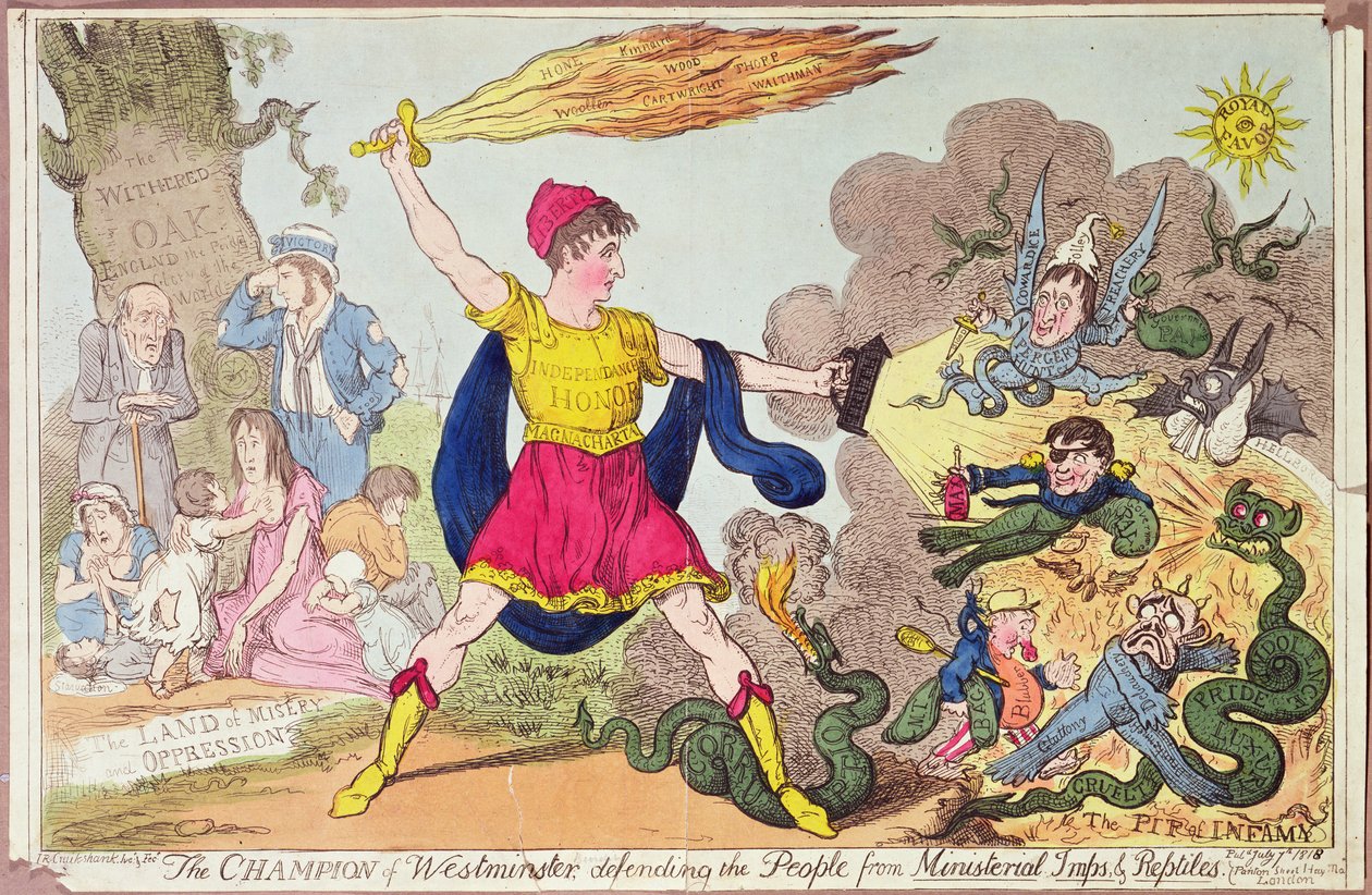O Campeão de Westminster, defendendo o povo de Imps e Répteis Ministeriais, 1818 (gravura a cores) de Isaac Robert Cruikshank