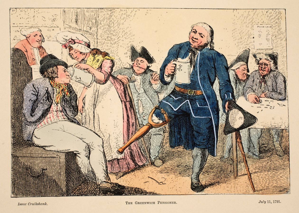 O Greenwich Pensioner, pub. 1791 (gravura colorida à mão) de Isaac Robert Cruikshank