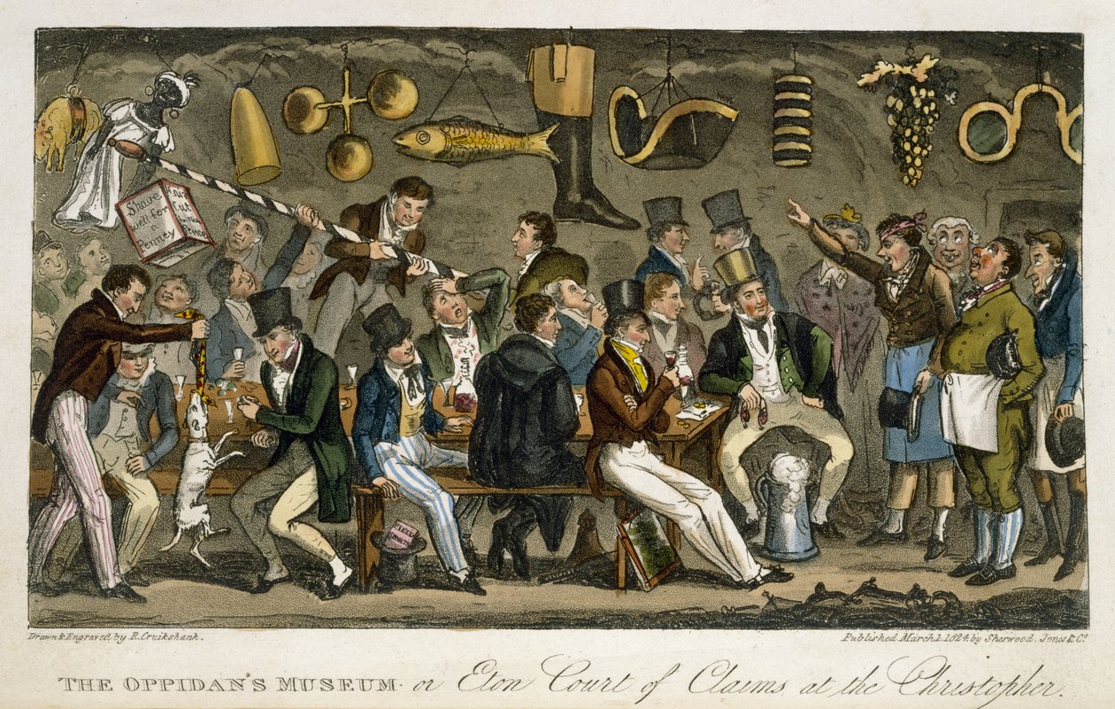 O Museu de Oppidan, ou Eton Court of Claims no Christopher, de "The English Spy", de Charles Molloy Westmacott (1788-1868) publicou Londres, 1825 (cor litho) de Isaac Robert Cruikshank