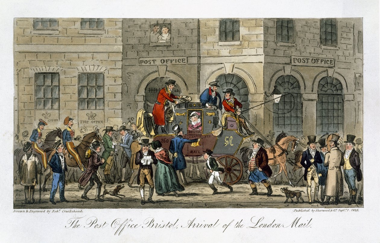 The Post Office Bristol, Chegada do London Mail, de &39;The English Spy&39;, de Charles Molloy Westmacott (1788-1868) publicou Londres, 1825 de Isaac Robert Cruikshank