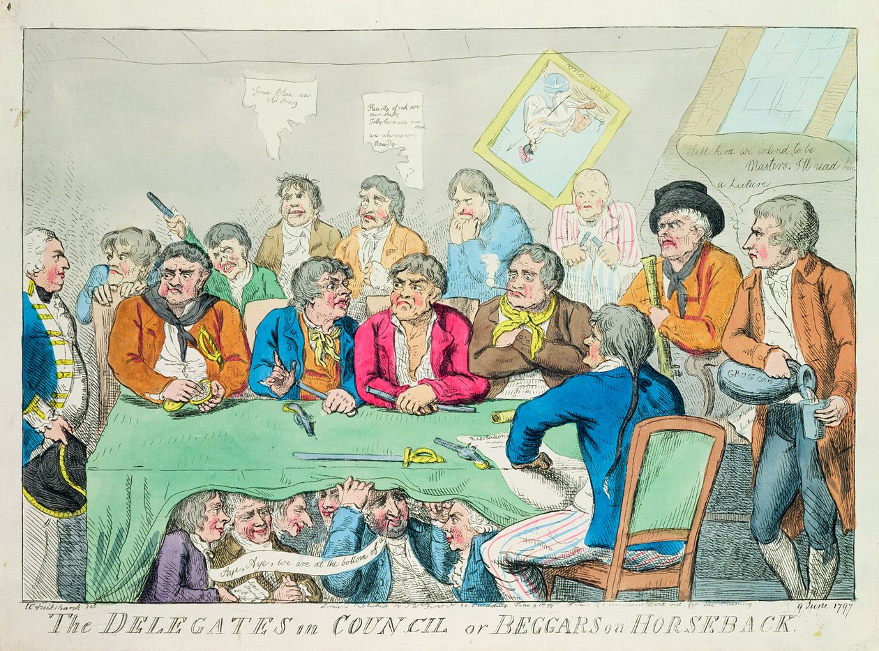 Os delegados em conselho ou mendigos a cavalo, 1797 (gravura a cores) de Isaac Robert Cruikshank