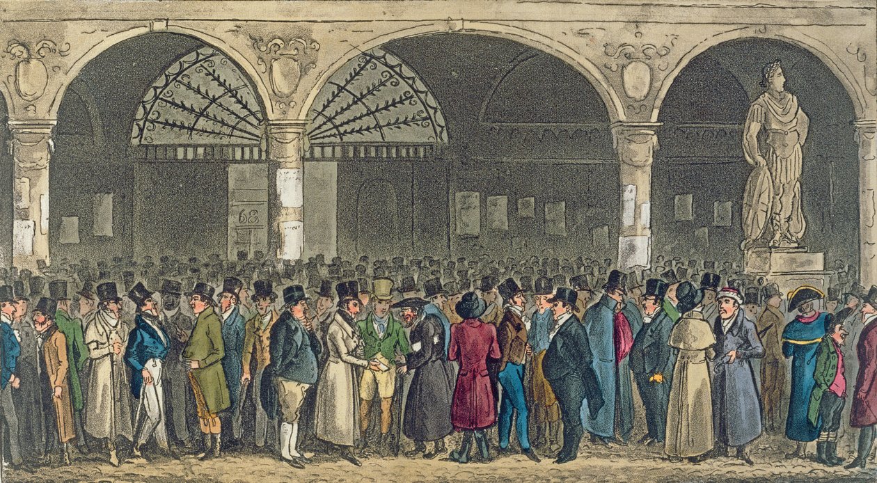 Tom e Jerry visitando a Bolsa de Valores, de &39;Life in London&39; de Pierce Egan, 1821 (aquatinta colorida) de Isaac Robert Cruikshank