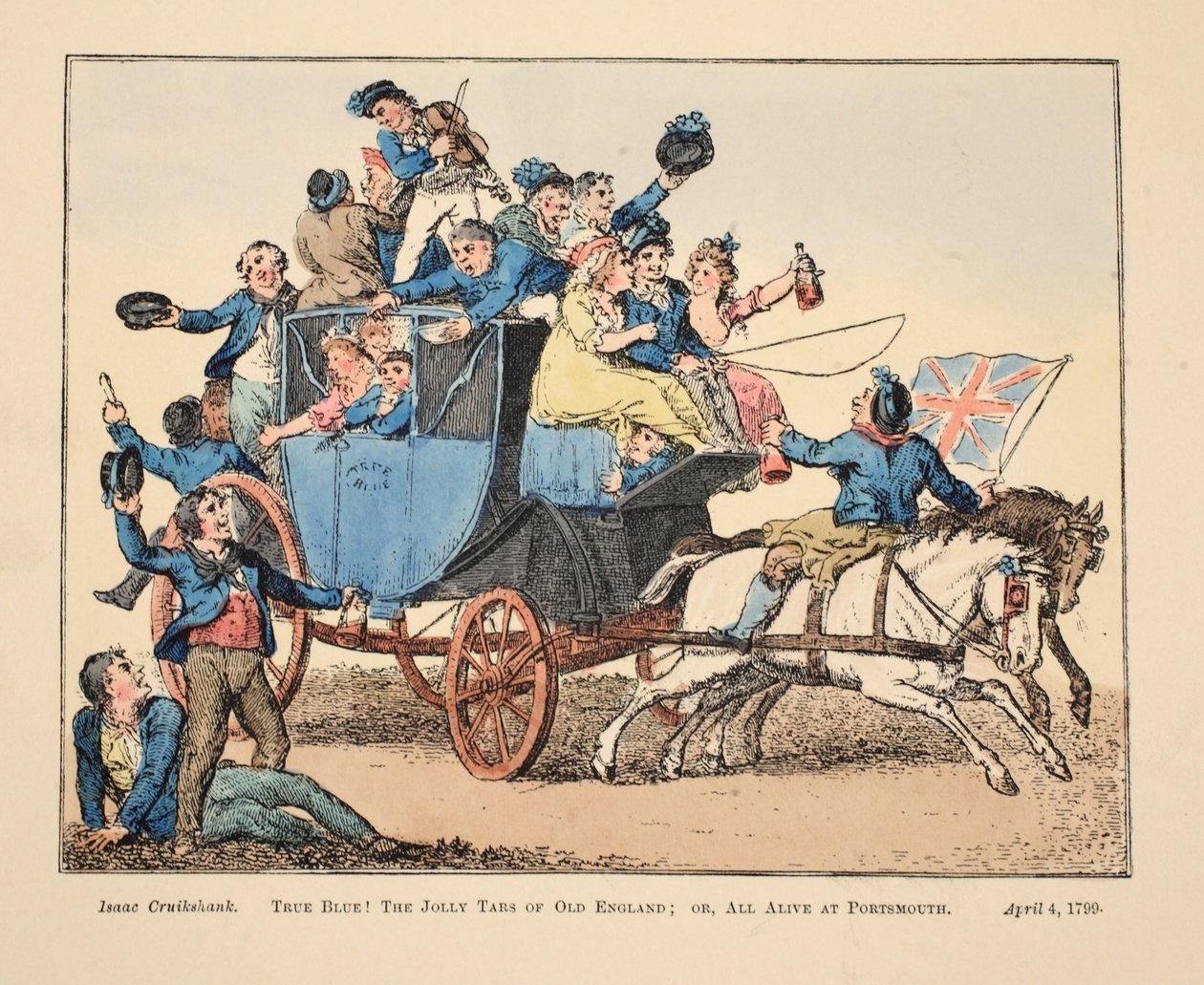 Azul verdadeiro! Os jolly Tars da velha Inglaterra; ou All Alive at Portsmouth, pub. 1799 (gravura colorida à mão) de Isaac Robert Cruikshank
