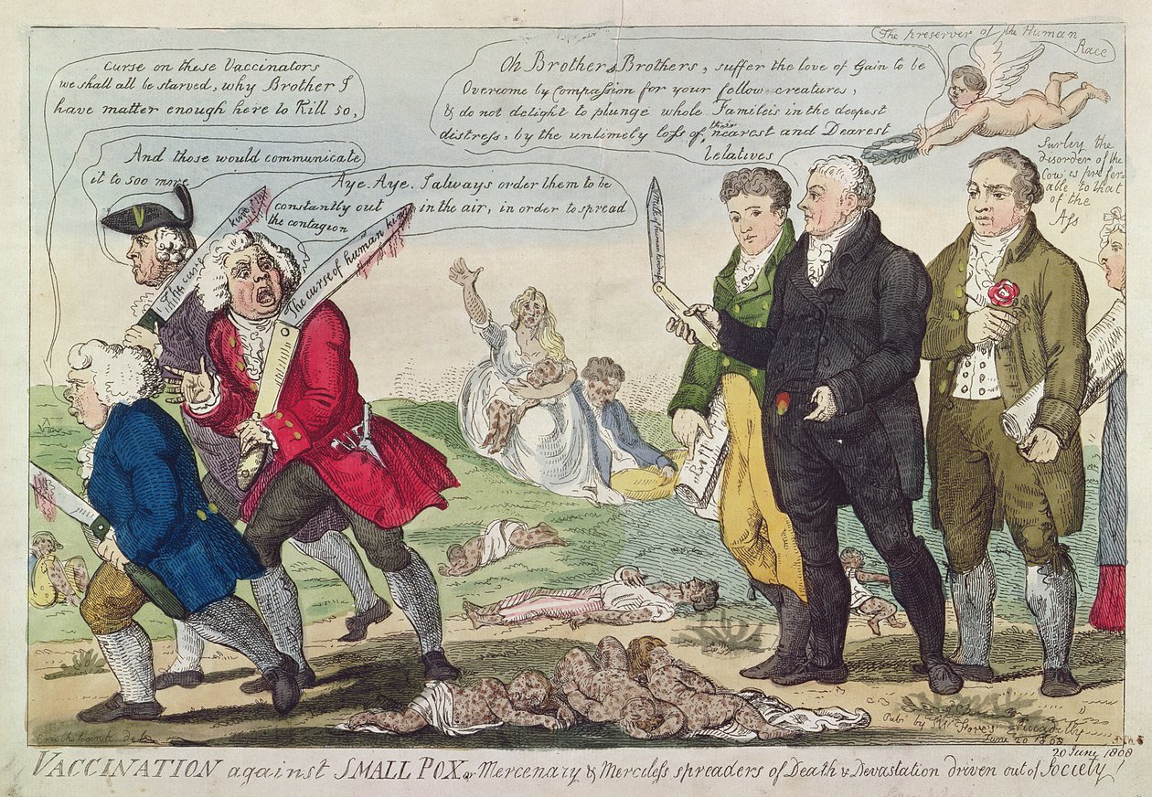 Vacinação contra a varíola ou mercenários e propagadores impiedosos da morte e devastação expulso da sociedade !, 1808 (gravura a cores) de Isaac Robert Cruikshank
