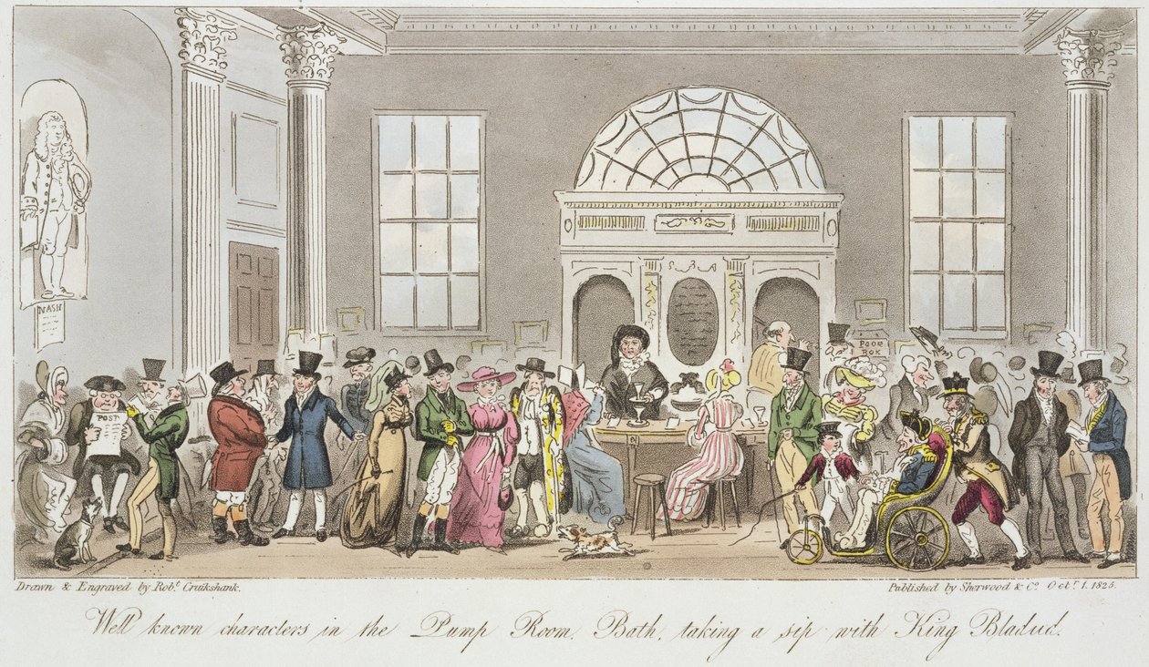 Personagens bem conhecidas no Pump Room, Bath, tomando um gole com King Bladud, impressão publicada por Sherwood und Co, 1825 de Isaac Robert Cruikshank