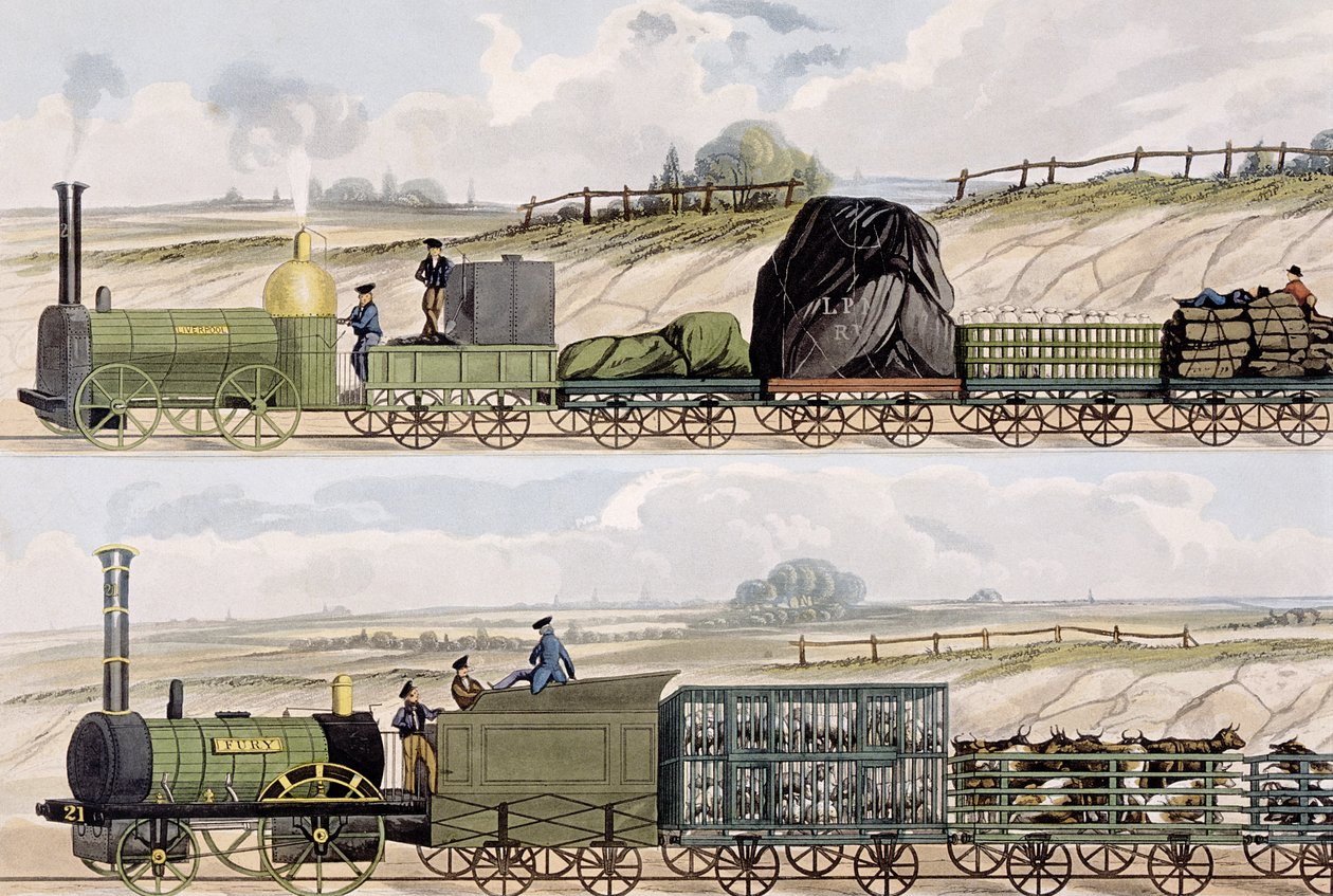 Um comboio de carroças (em cima) e um comboio de gado, ovelhas e porcos (fundo) da secção "Visualização colorida da via férrea Liverpool e Manchester", gravada por SG Hughes, publicada por Ackermann und Co., Londres, 18323 de Isaac Shaw