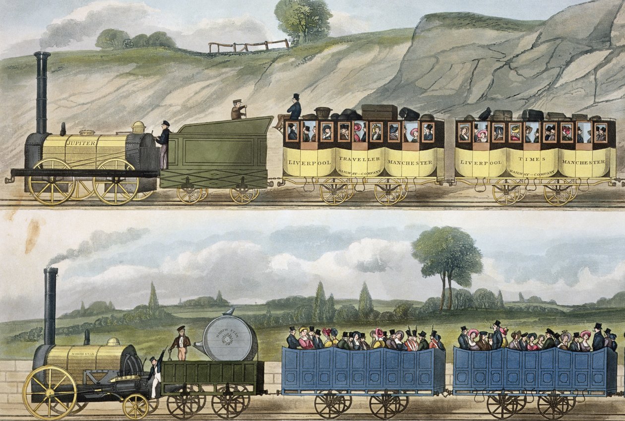 Um trem da primeira classe (em cima) e um trem da segunda classe (em baixo) de uma “vista colorida da ferrovia Liverpool und Manchester”, gravada por SG Hughes, publicada pela Ackermann und Co., Londres, 183 de Isaac Shaw