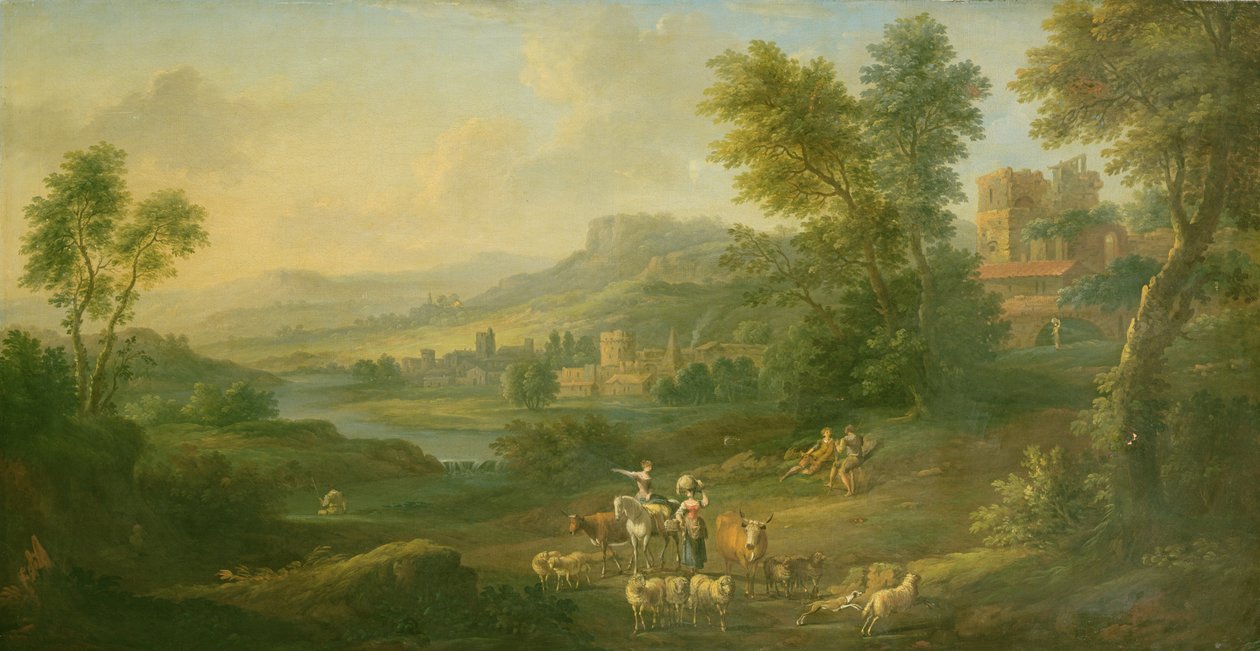 Drovers e Pastoras em uma paisagem pastoral idílica de Isaac de Moucheron