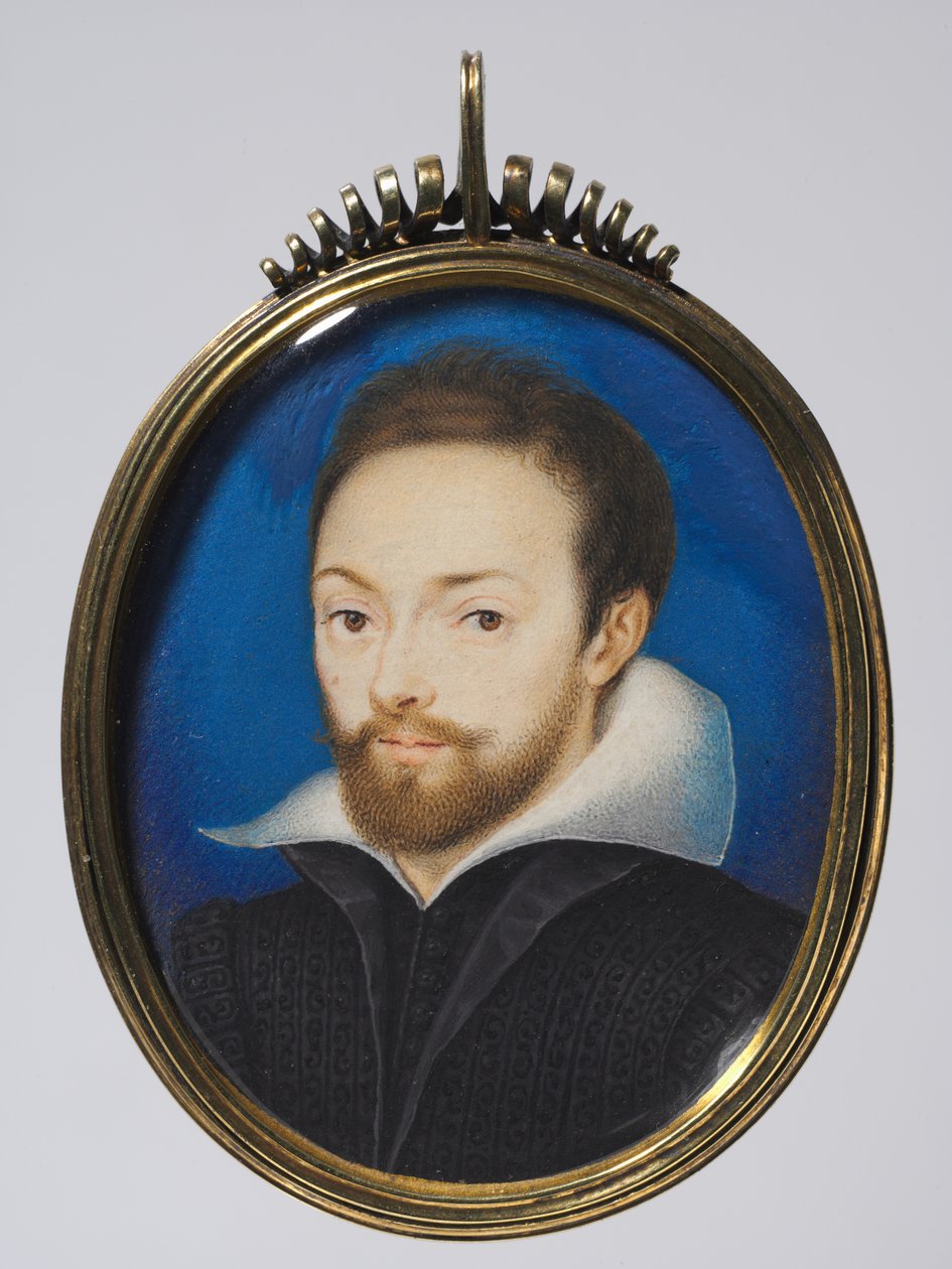 Retrato de um homem, c.1615 (aquarela no cartão em uma moldura dourada posterior) de Isaac (after) Oliver
