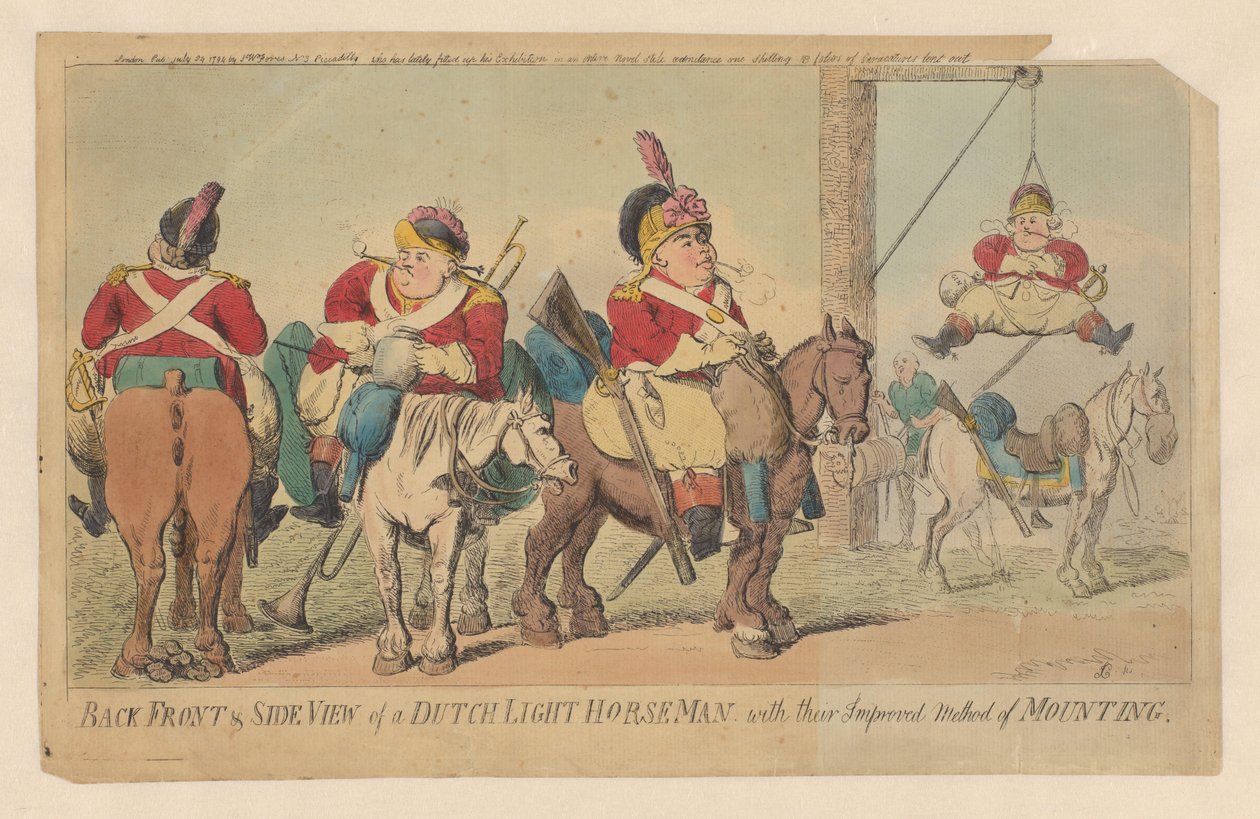 Método melhorado da cavalaria leve holandesa para montar um cavalo Vista frontal e lateral traseira de um cavaleiro leve holandês, com seu método aprimorado de montagem (título no objeto) de Isaac Cruikshank (signed by artist)