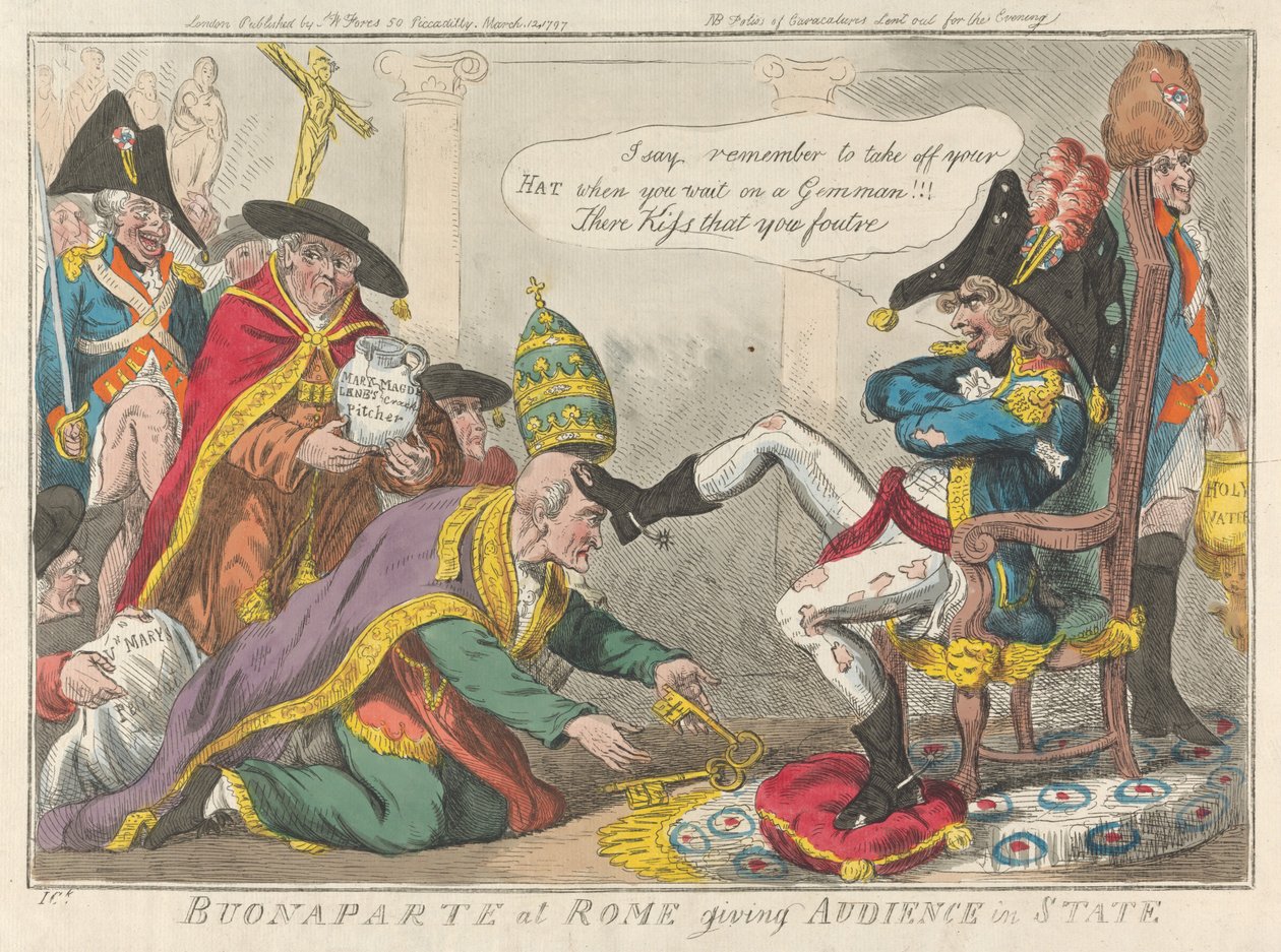 Buonaparte in Rom gibt Audienz im Staatsgewand de Isaac Cruikshank