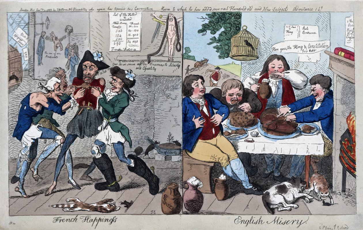 Felicidade Francesa: English Misery, pub. 1793 (gravura colorida à mão) de Isaac Cruikshank