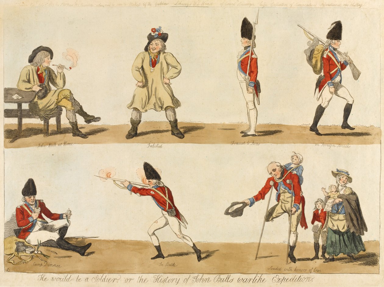 Ele seria um soldado ou a História da Expedição bélica de John Bulls, 1793 (gravura colorida) de Isaac Cruikshank