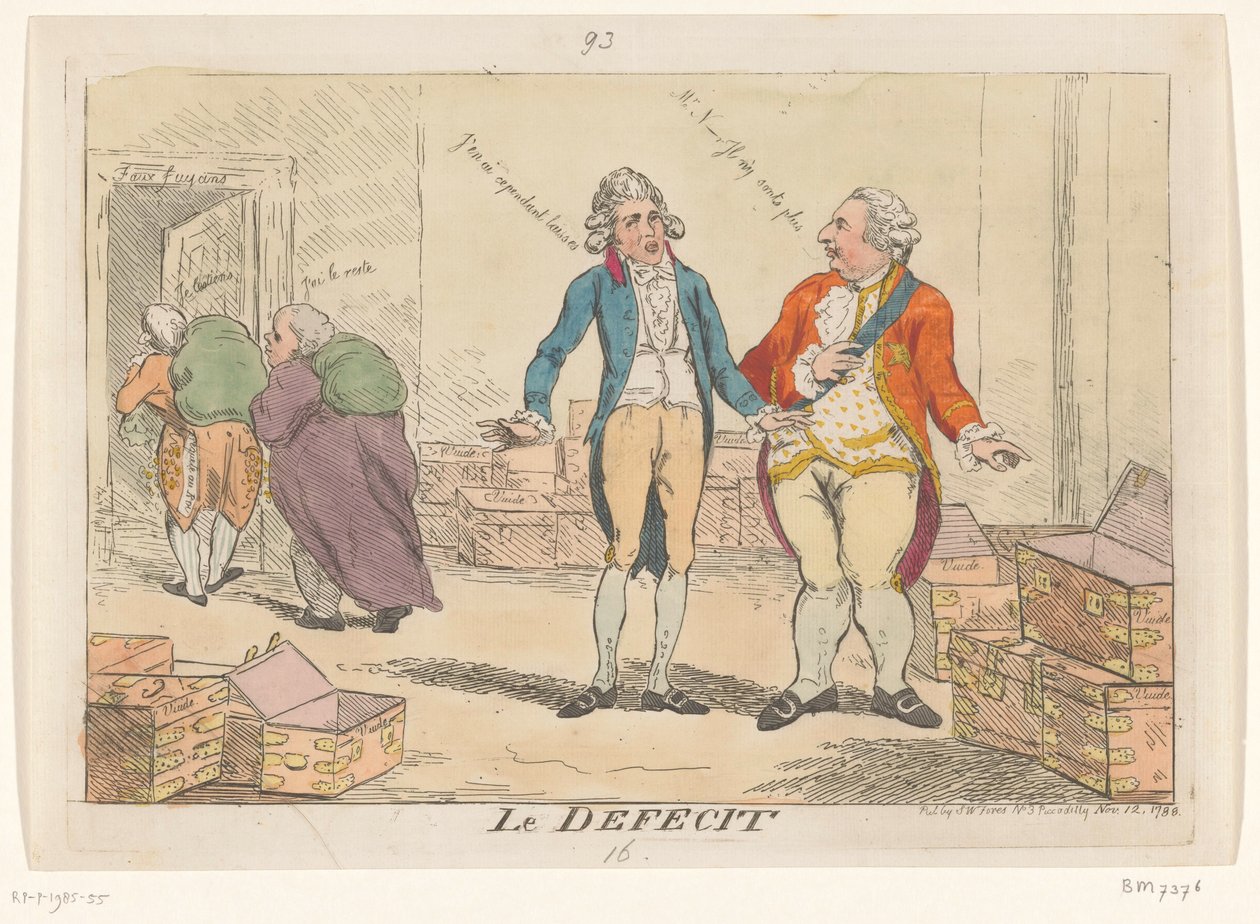 Caricatura da crise financeira francesa, 1788 Le Defecit (título no objeto) de Isaac Cruikshank