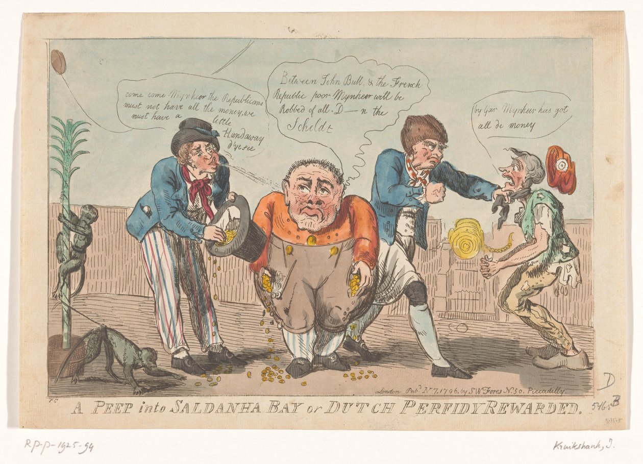Cartoon representando a capitulação da frota batava na baía do Saldanha, 1796 A Peep into Saldanha Bay ou Dutch Perfidy Rewarded (título no objeto) de Isaac Cruikshank