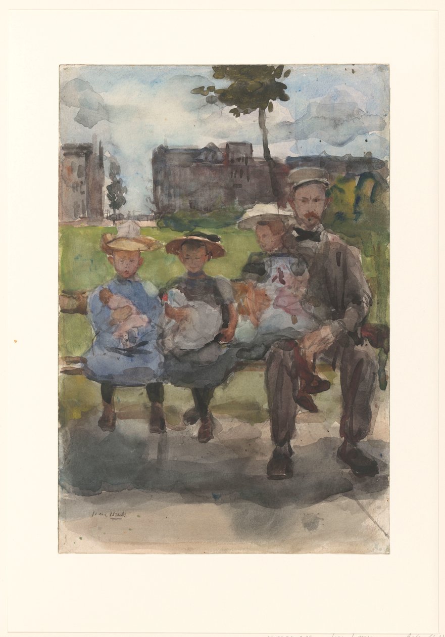 Um homem com três garotas em um banco no Oosterpark em Amsterdã de Isaac Israels